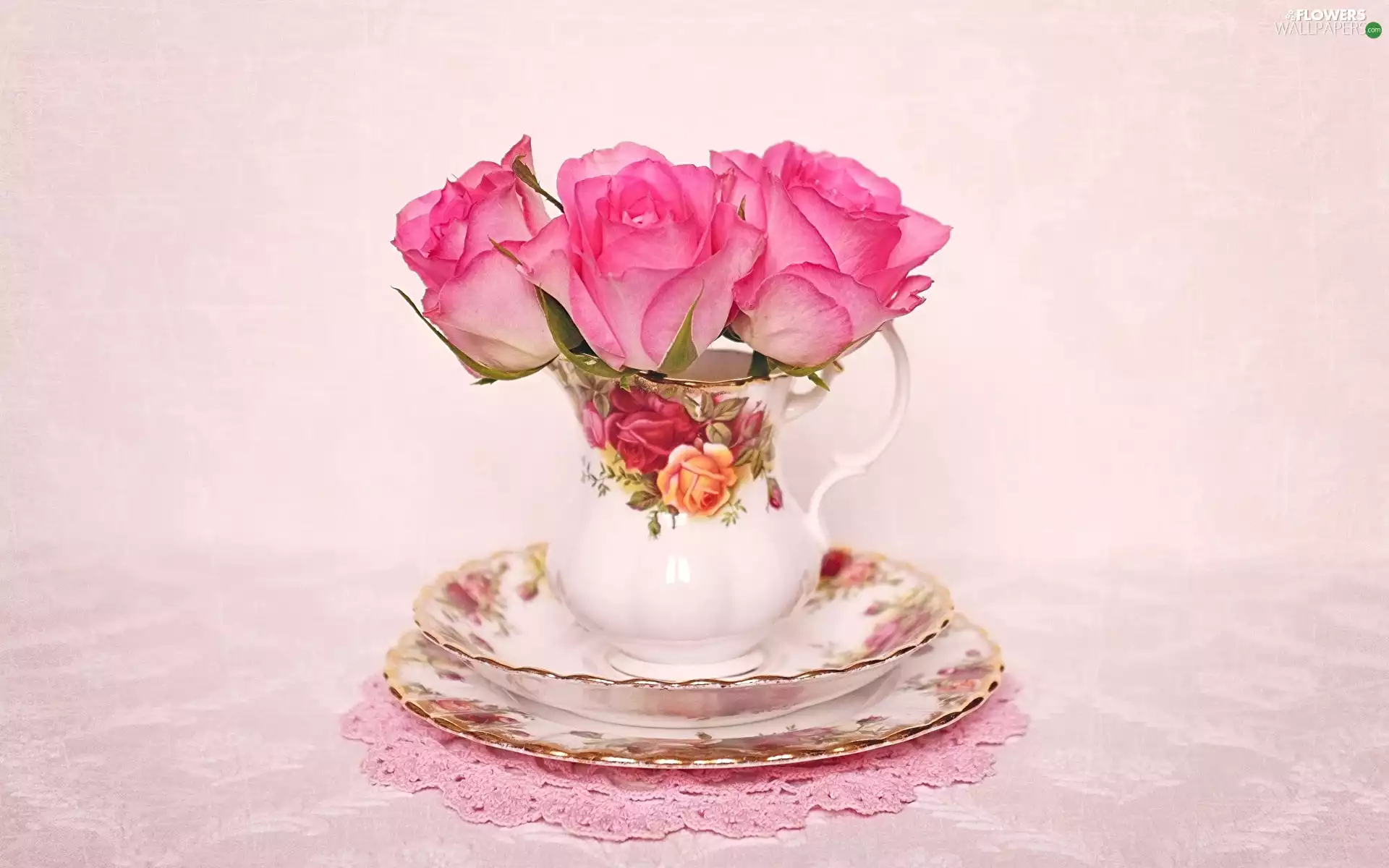 roses, cup, Pink Background, saucer, napkin, Pink, Flowers, plate