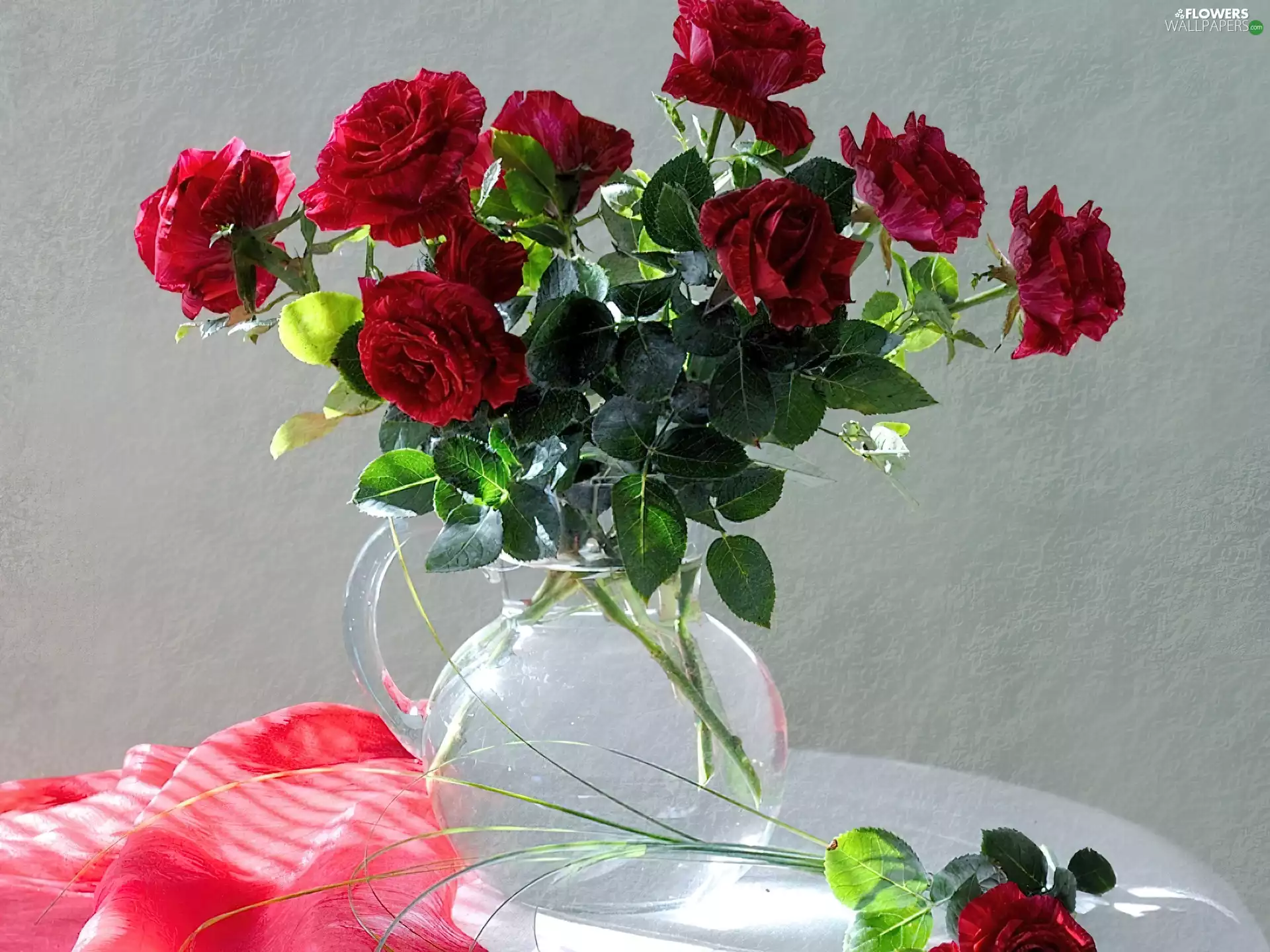 Red, glass, Vase, roses