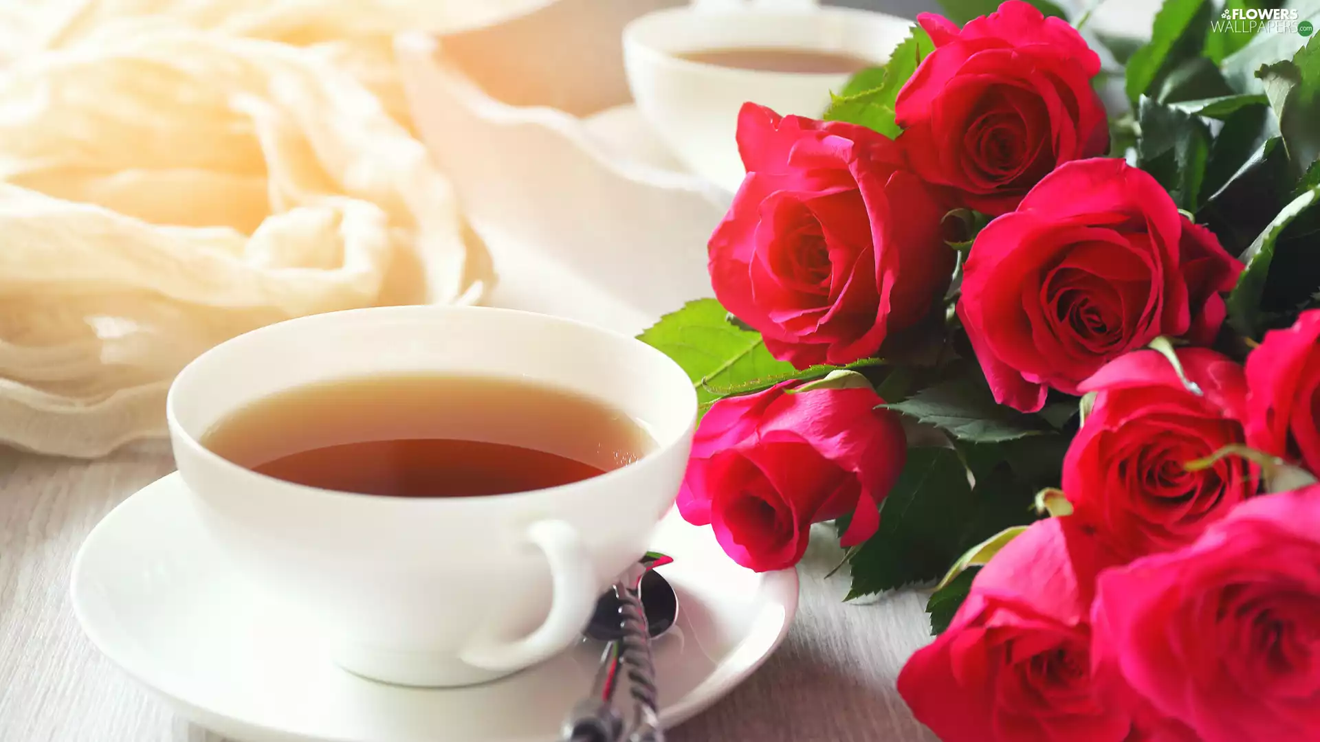 tea, cup, Red, roses, bouquet, saucer