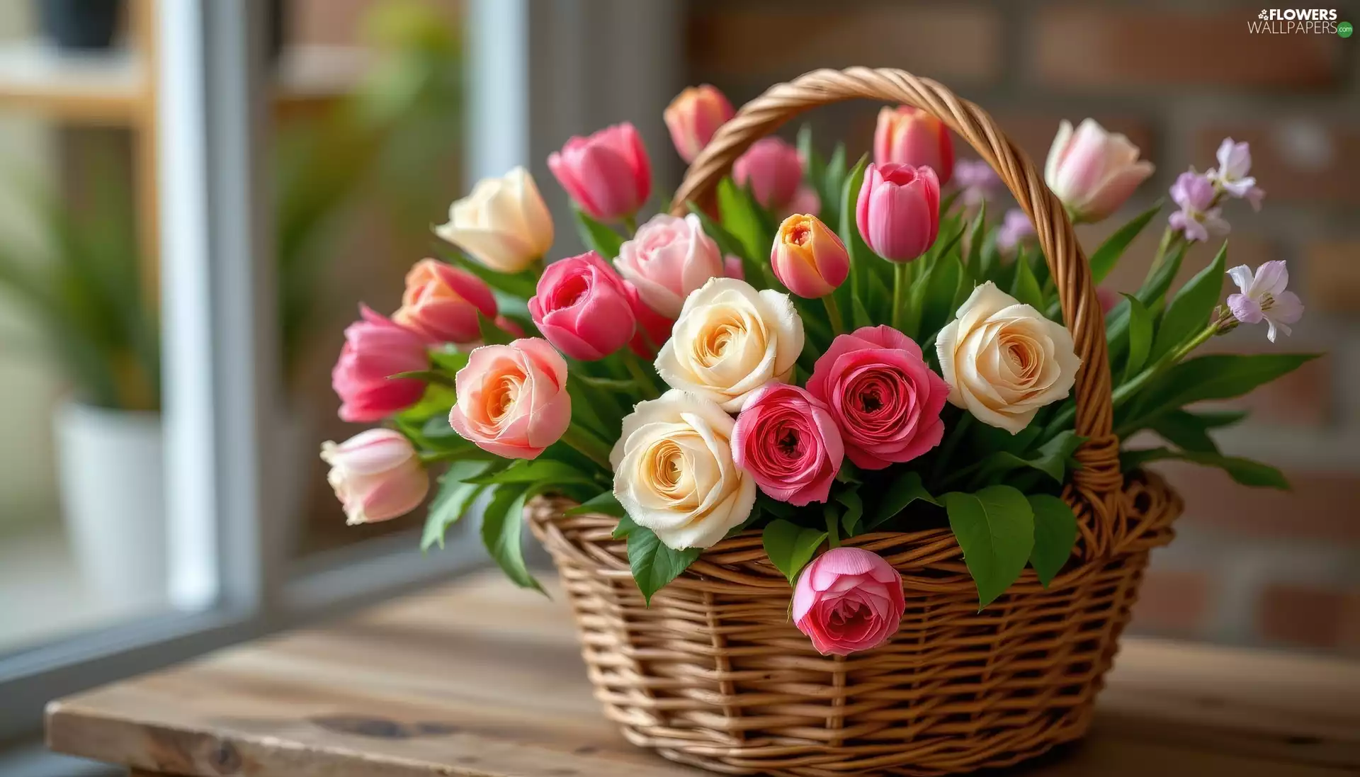 Tulips, bouquet, Table, roses, Flowers, basket, Window