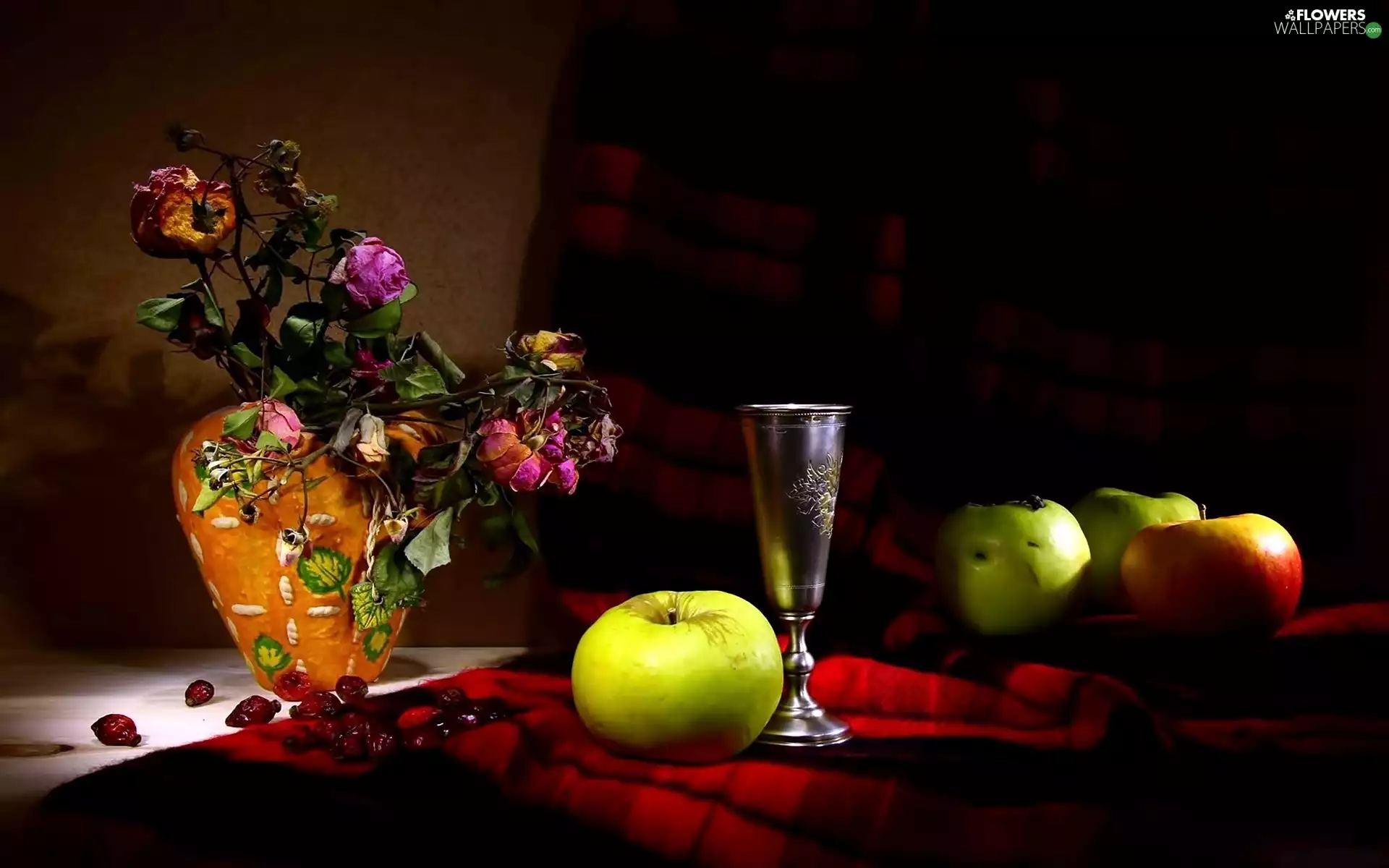roses, apples, Vase