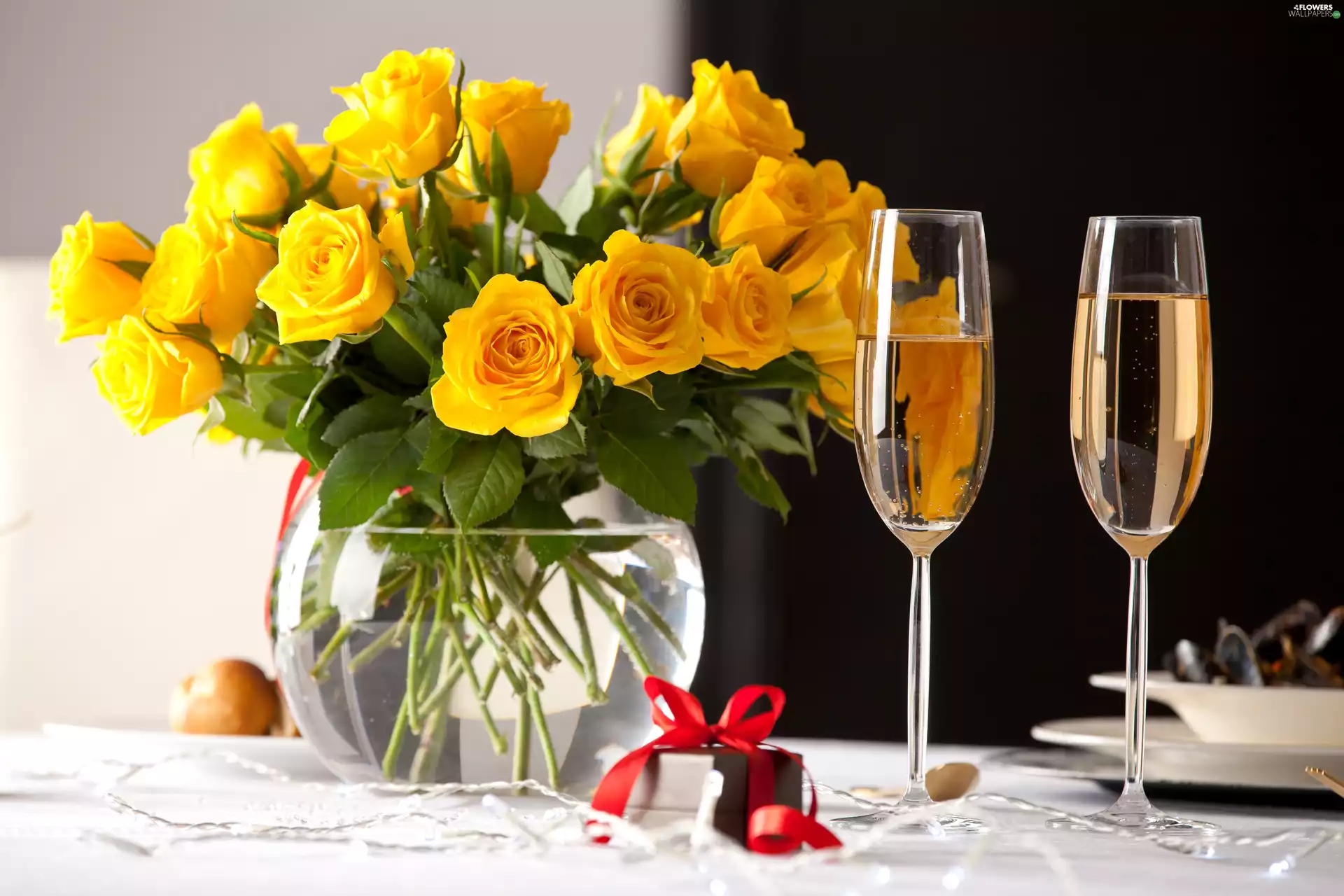 glasses, Yellow, Wine, roses, Vase, White, Present
