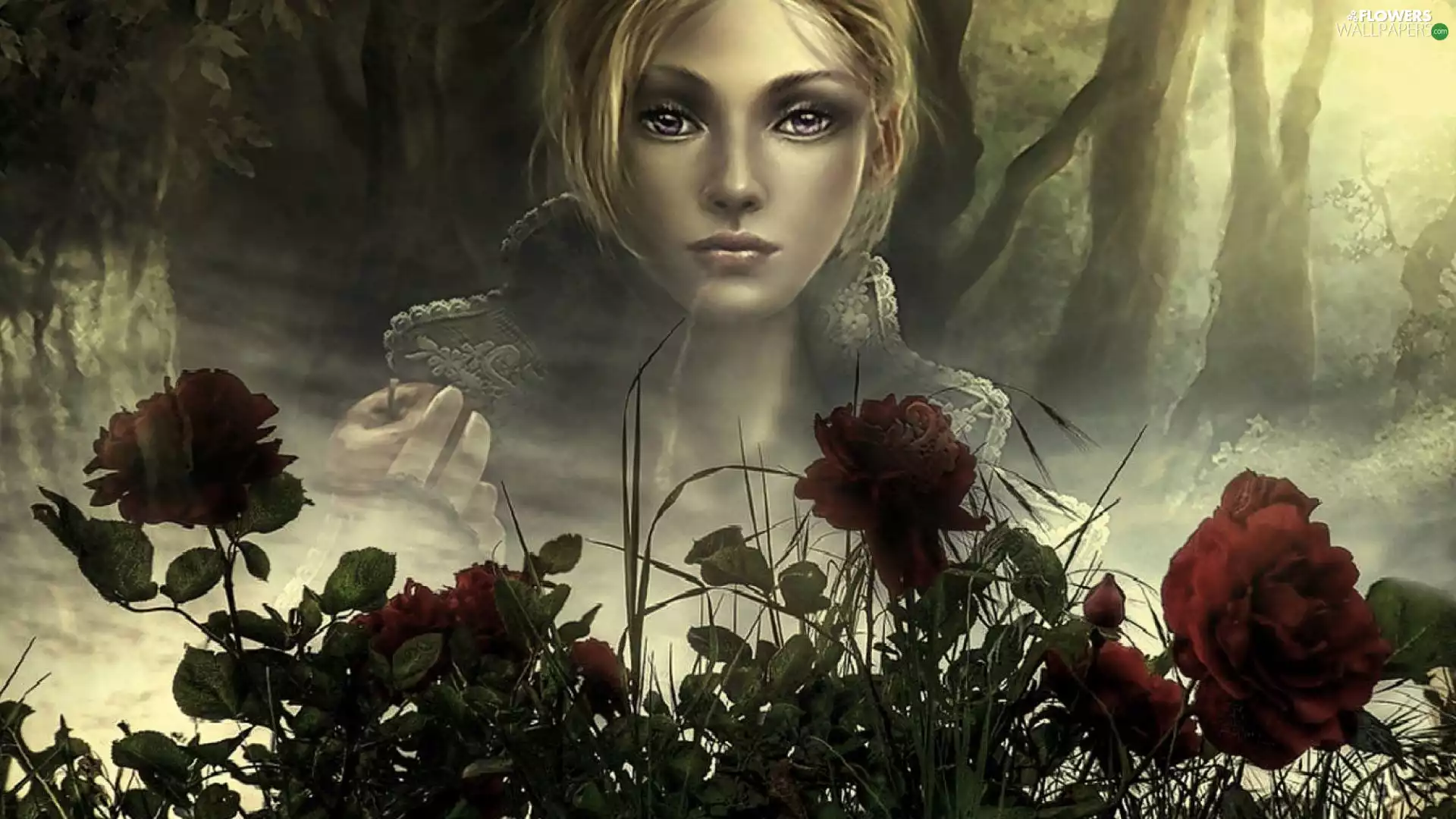 dark, roses, Women, forest, graphics