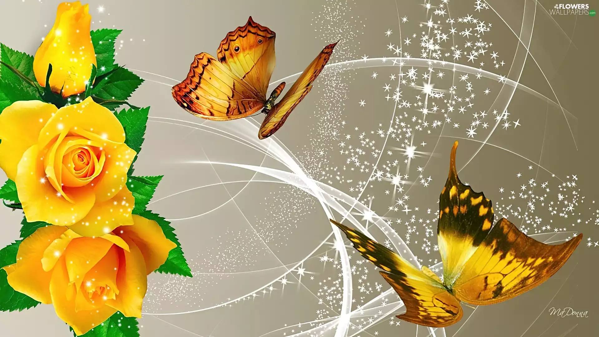 Yellow, butterflies, Art, roses