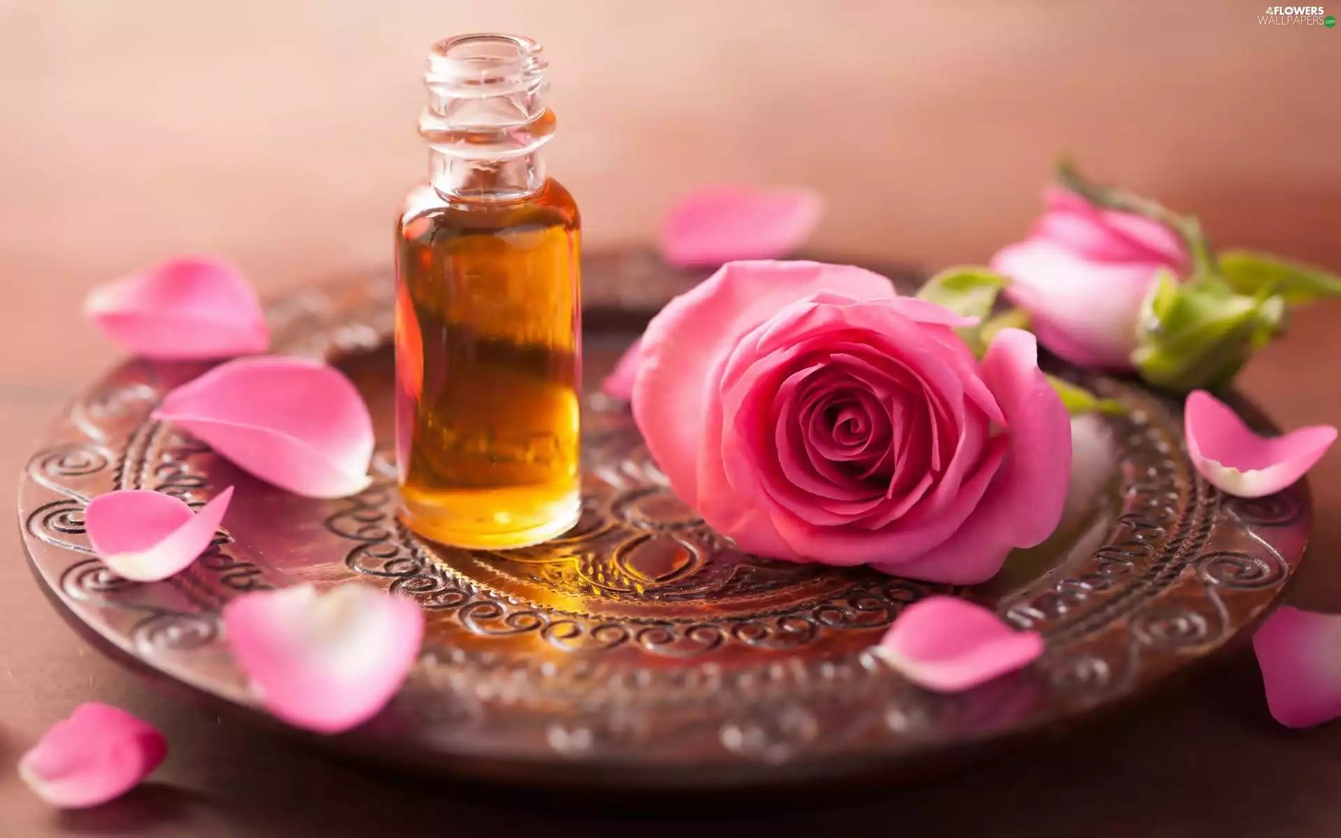 rosy, tray, flakes, oil, roses