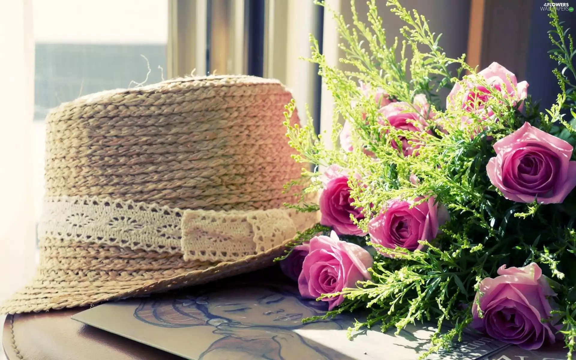 bouquet, straw, Hat, rouge
