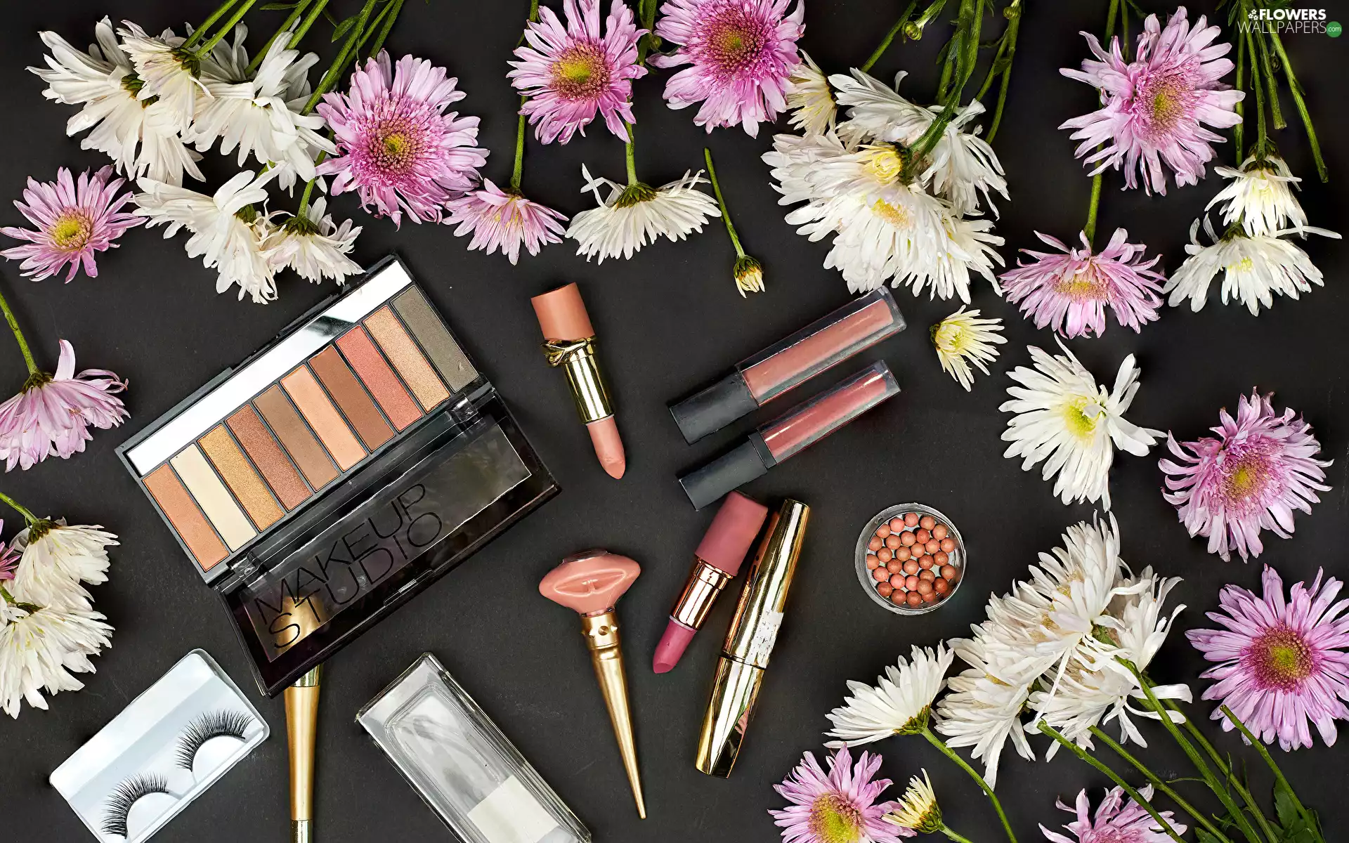 Flowers, composition, lipstick, rouge, Chrysanthemums, cosmetics