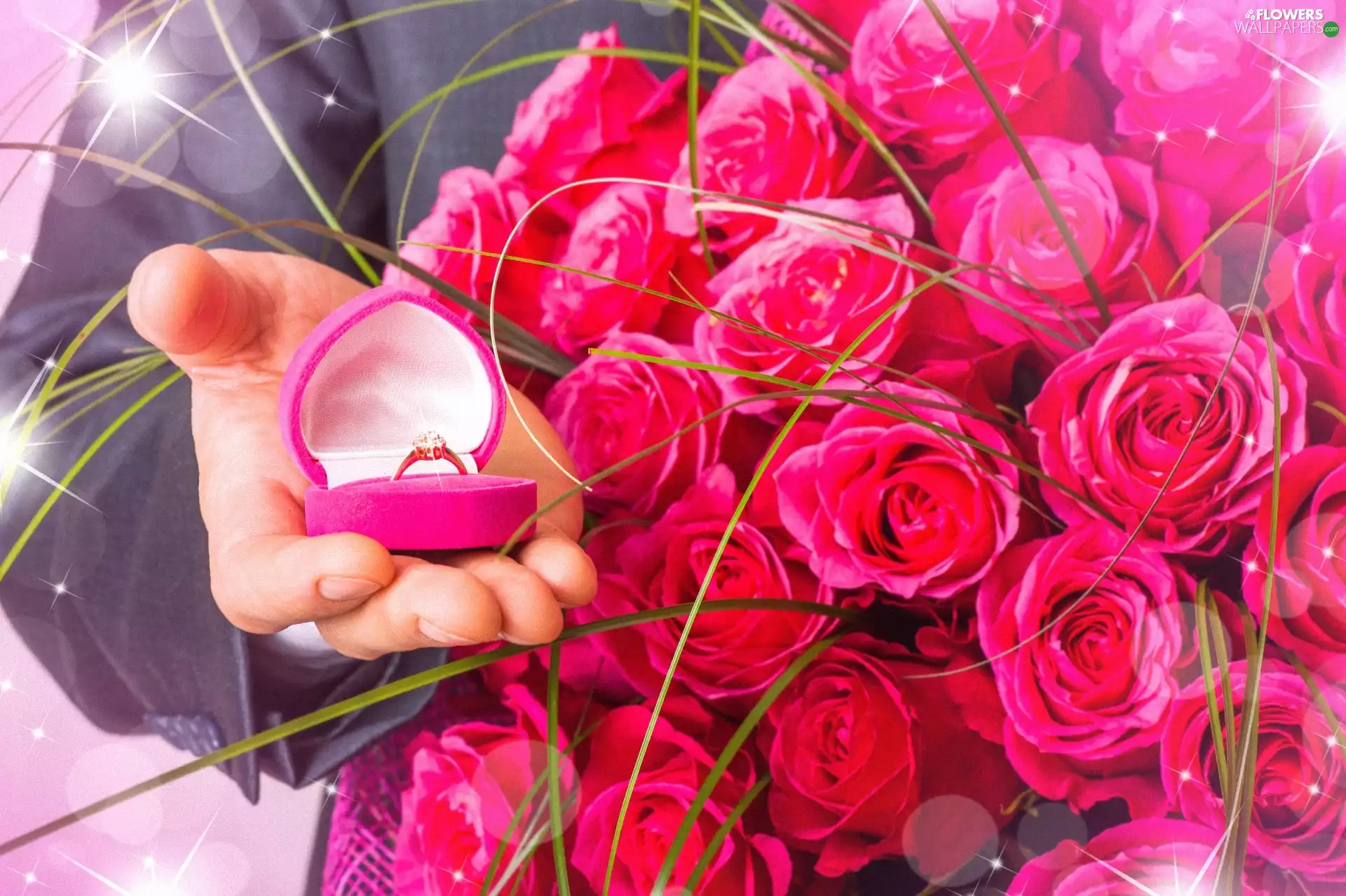 a man, bouquet, rouge, Ring