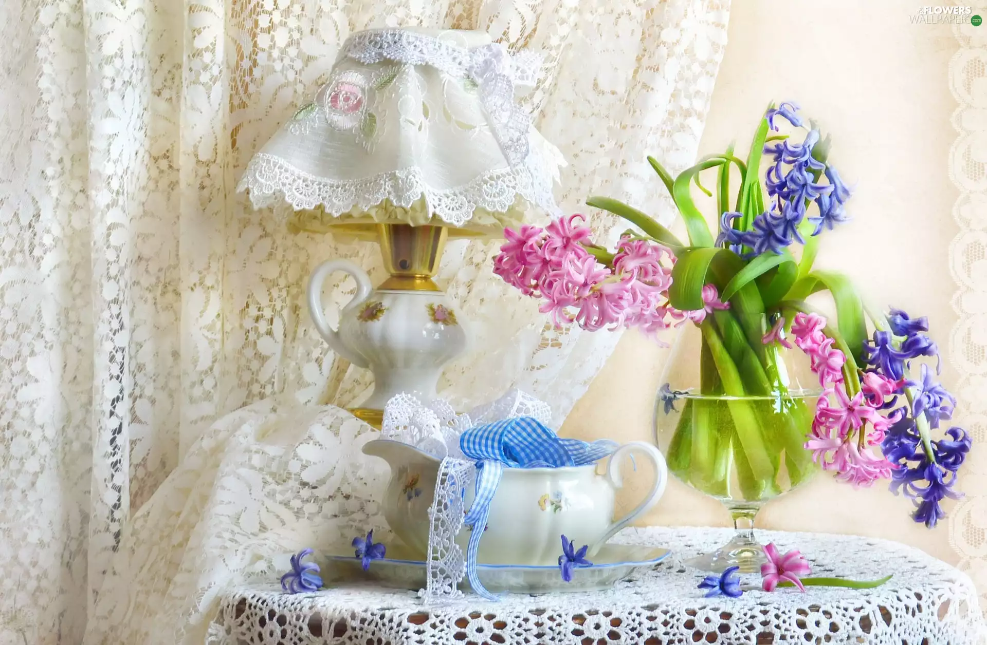 Flowers, Lamp, lace, sauceboat, Hyacinths, Shade