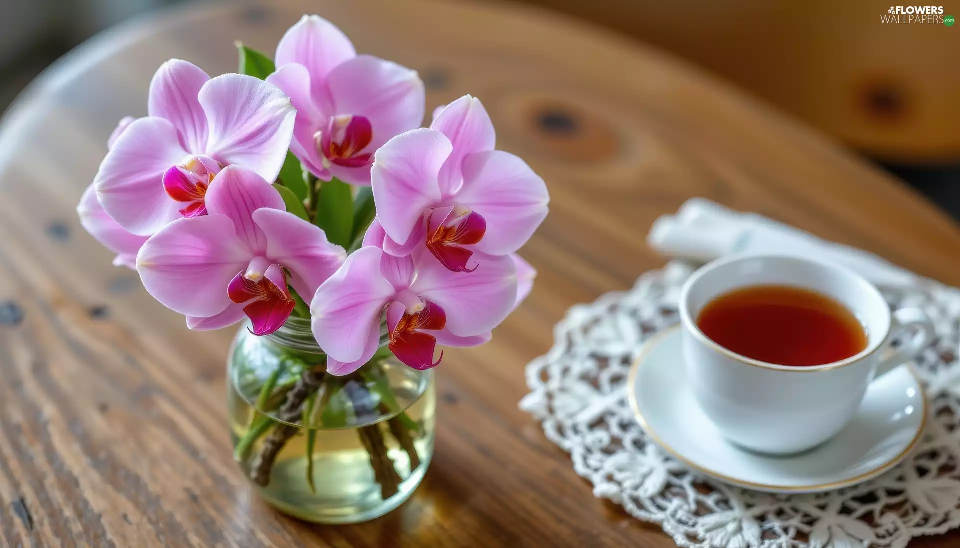 jar, cup, Table, tea, napkin, orchids, Pink, saucer