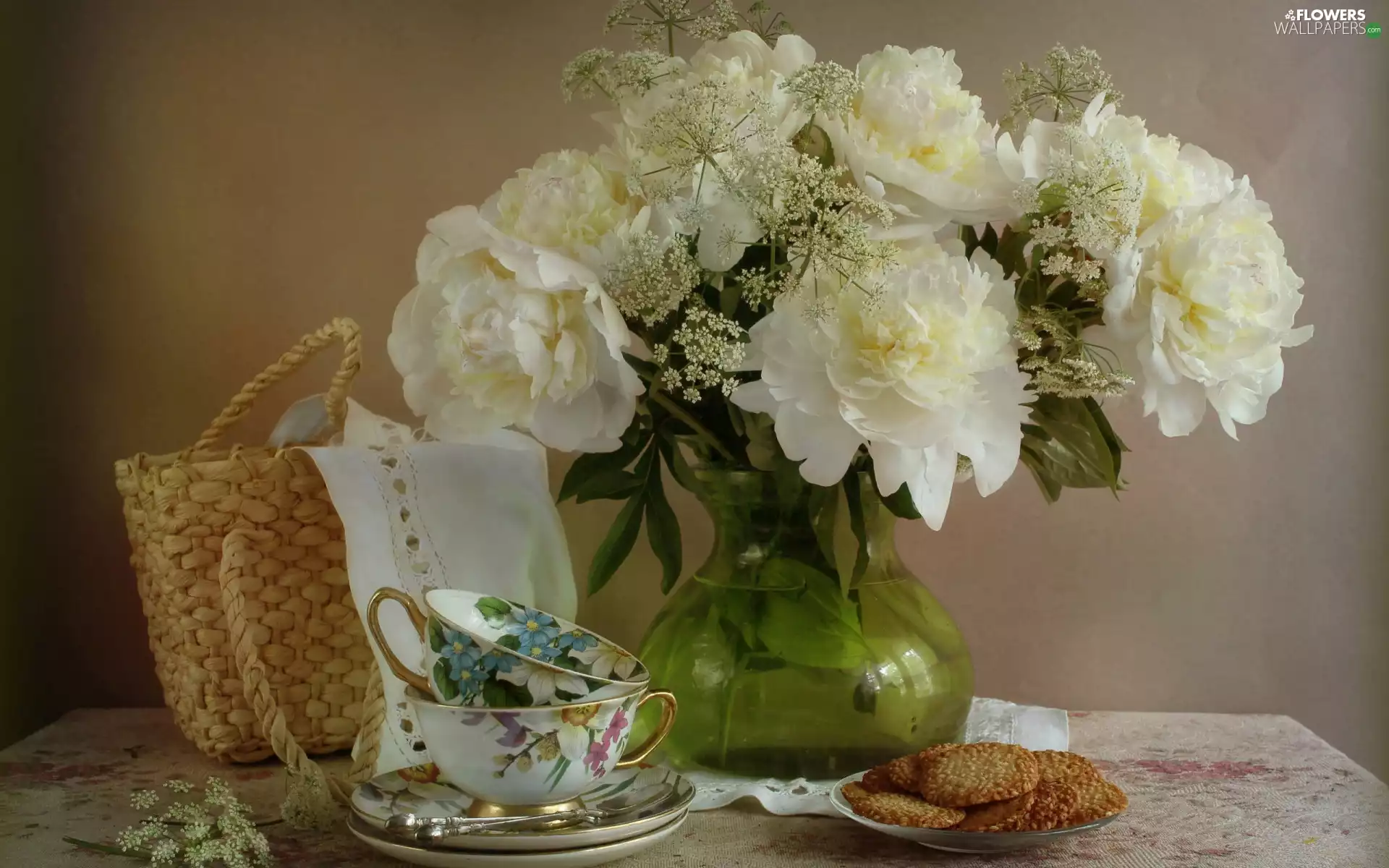 Vase, Cookies, composition, cup, basket, Peonies, Flowers, saucers
