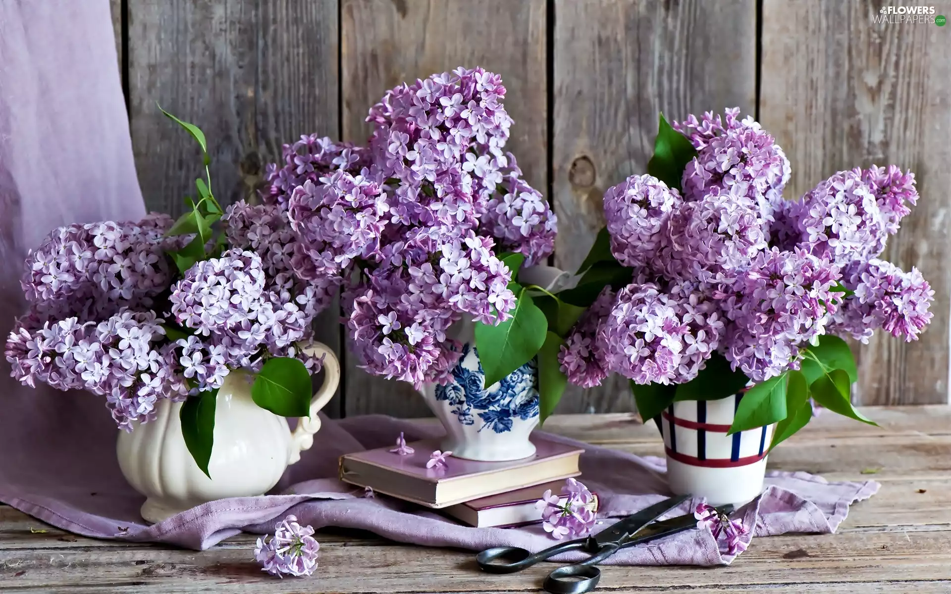 Books, scissors, flowers, Lilacs, Bouquets