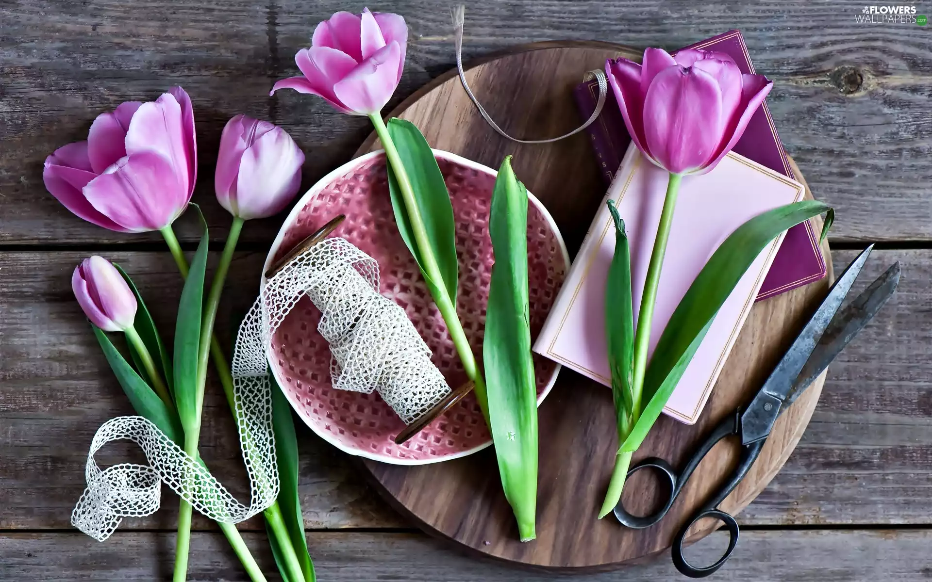 Tulips, ribbon, card, scissors