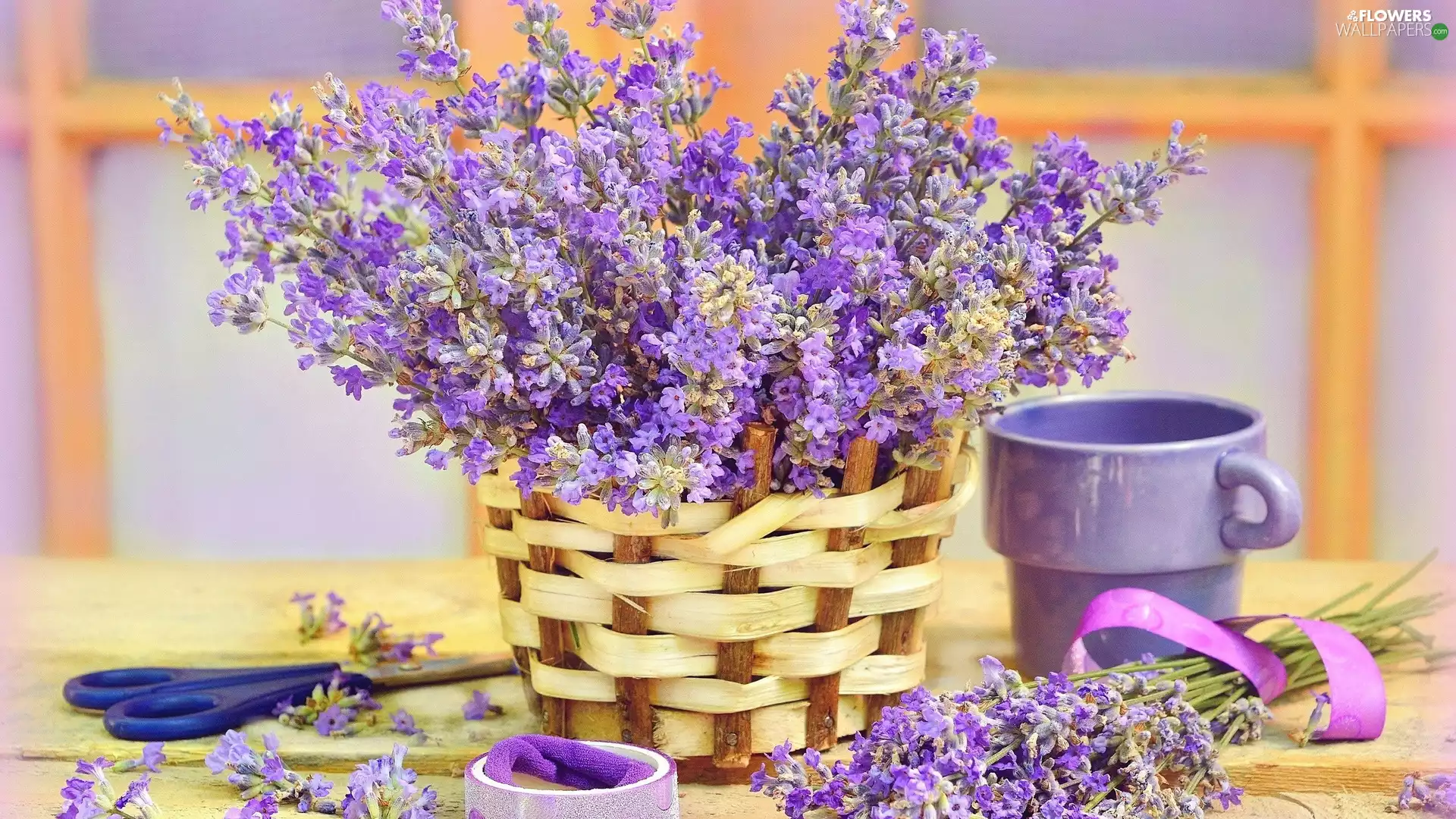 basket, lavender, ribbon, scissors, Cup, wicker
