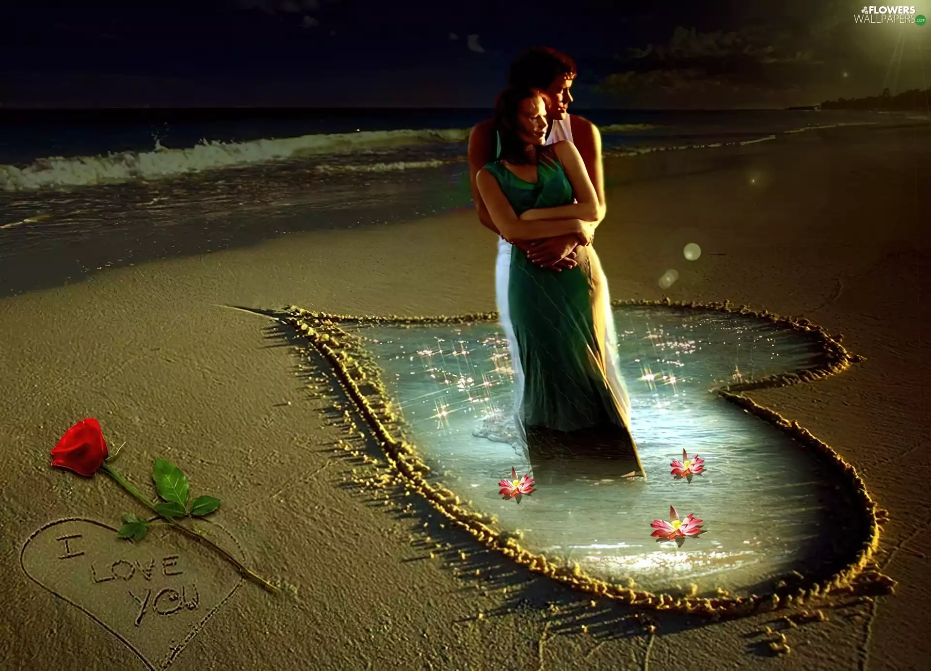 Heart, sea, rose, Beaches, lovers