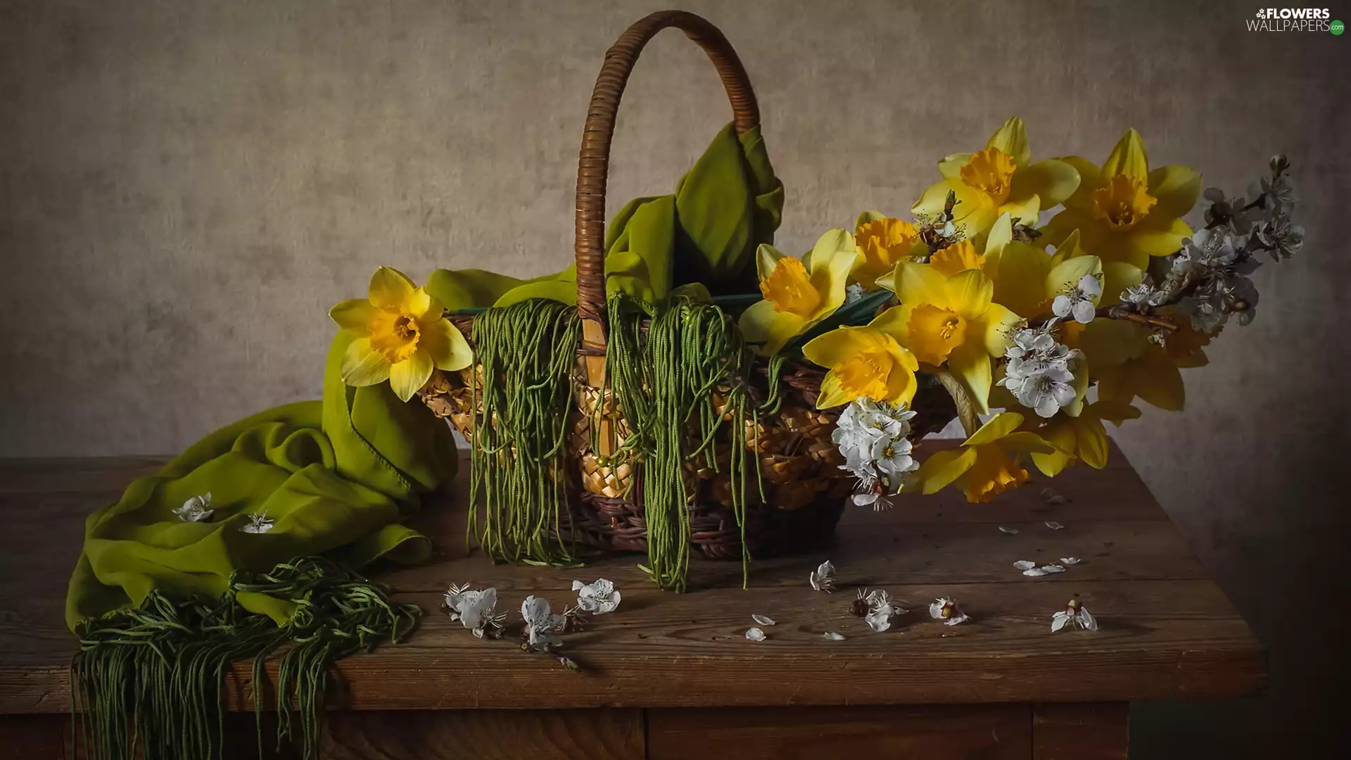 Daffodils, bouquet, Green, shawl, basket, Flowers