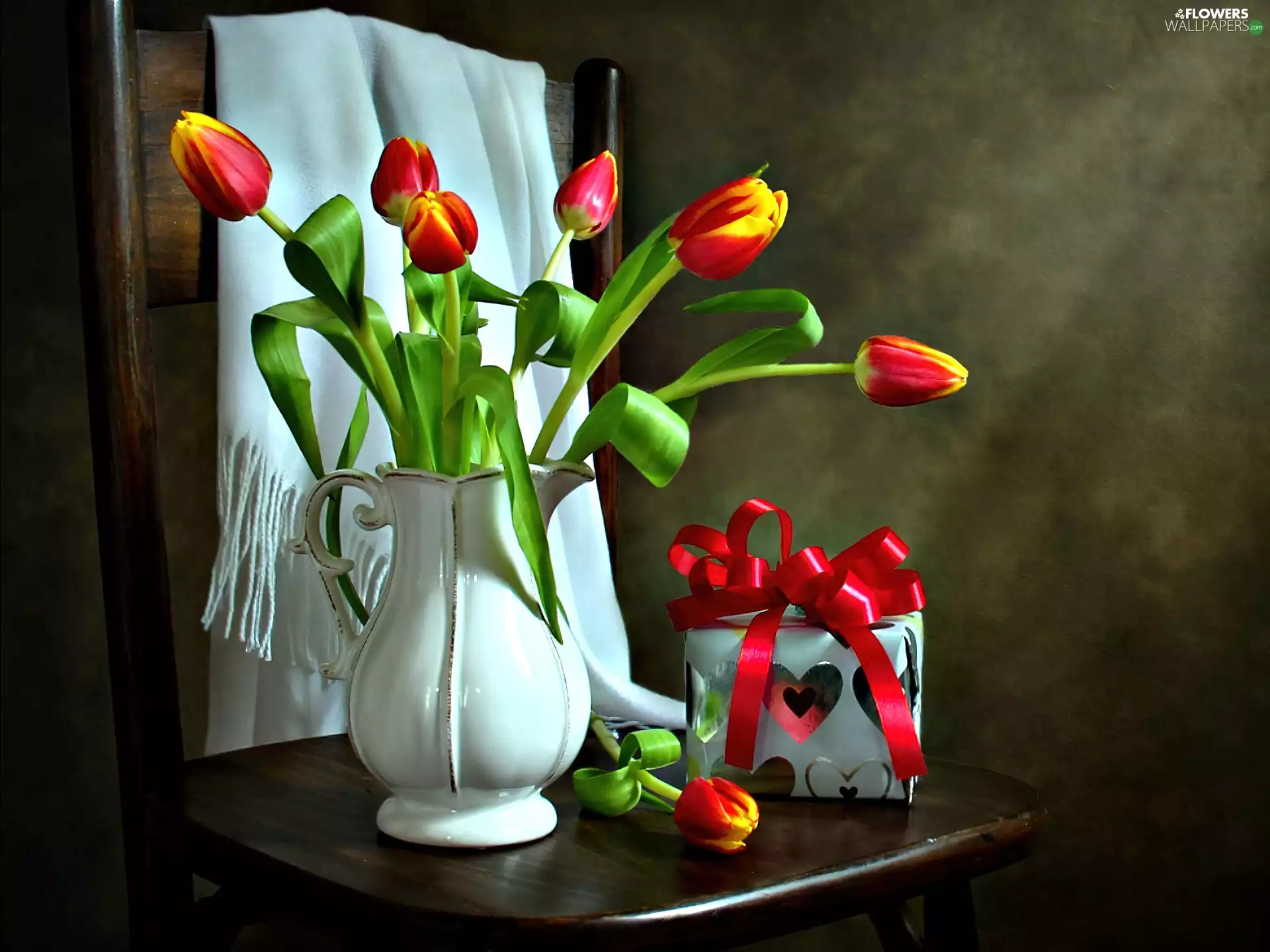 Present, pitcher, White, shawl, ribbon, Tulips