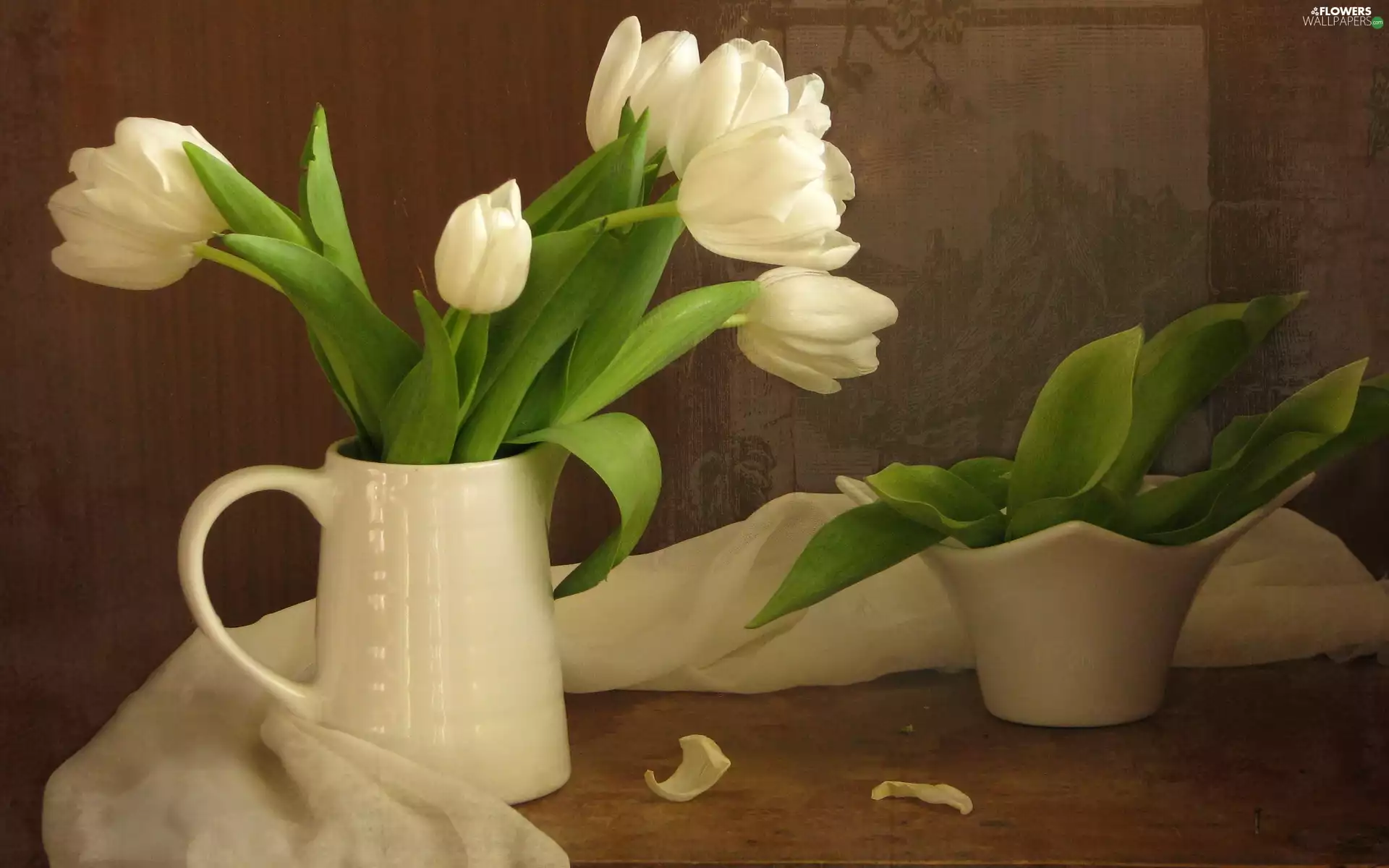 White, china, shawl, Tulips