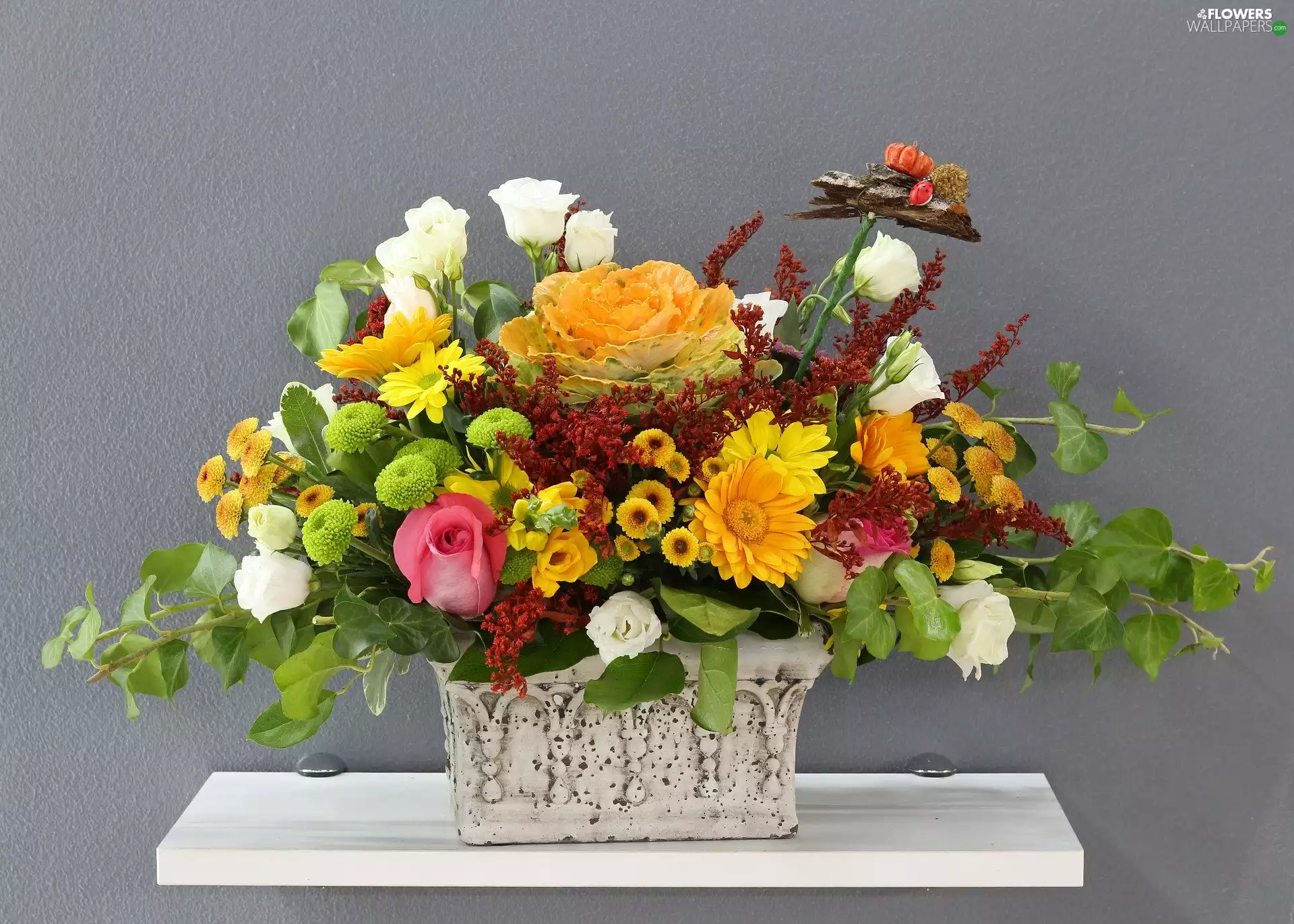Vase, shelf, Flowers, bouquet, color