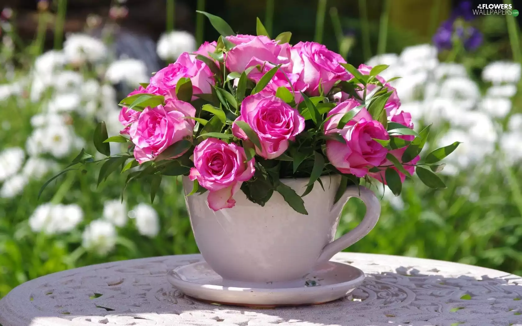 cup, roses, small bunch