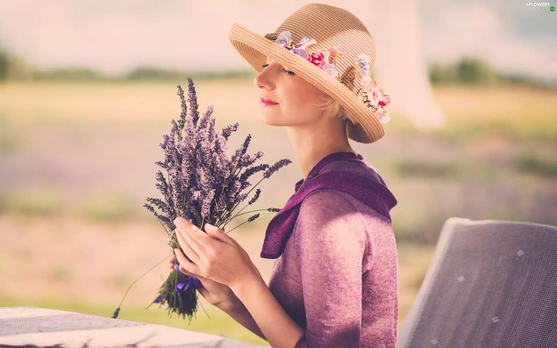 lavender, Meadow, Hat, small bunch, Women