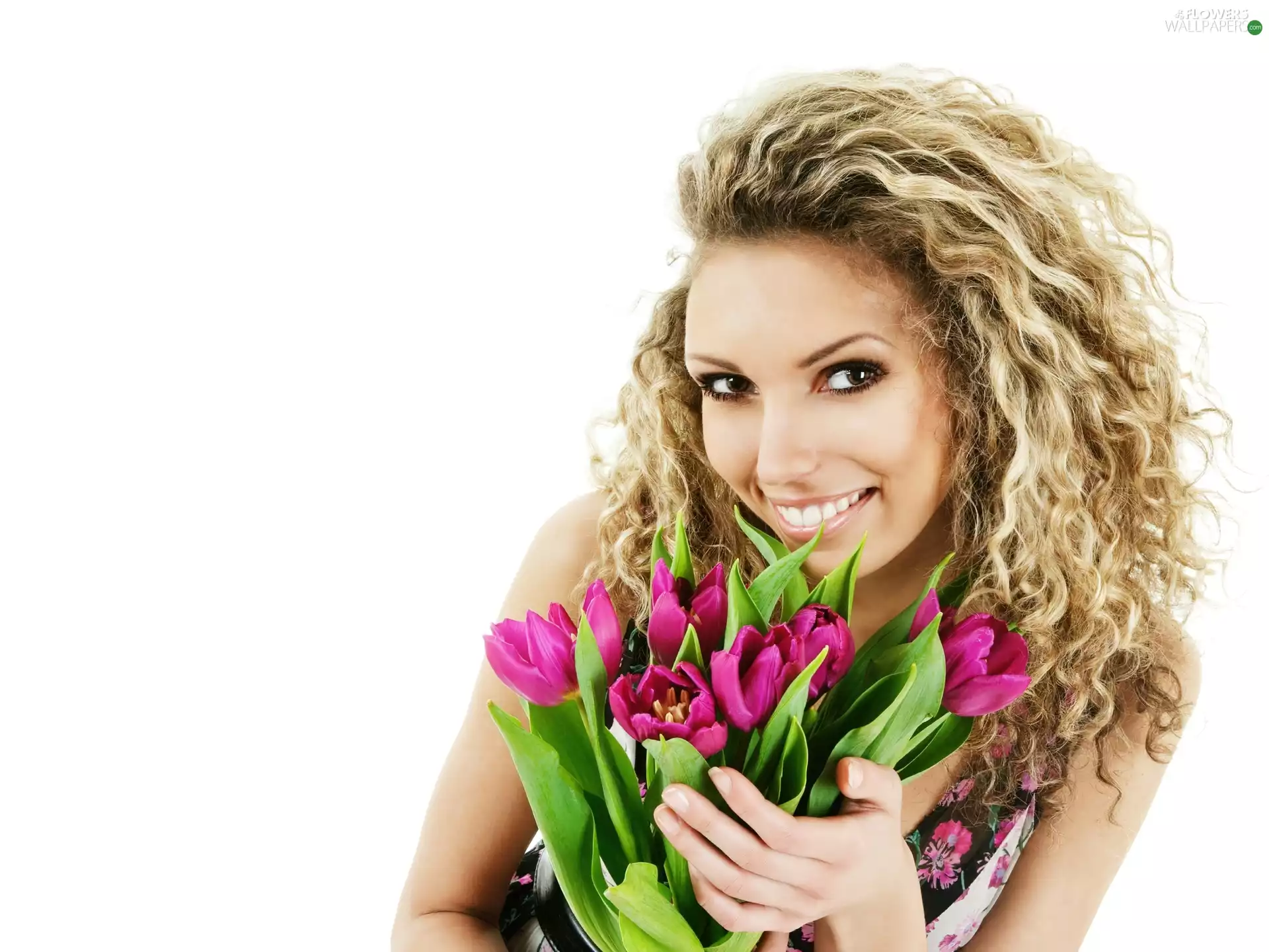 Blonde, tulips, Smile, bouquet