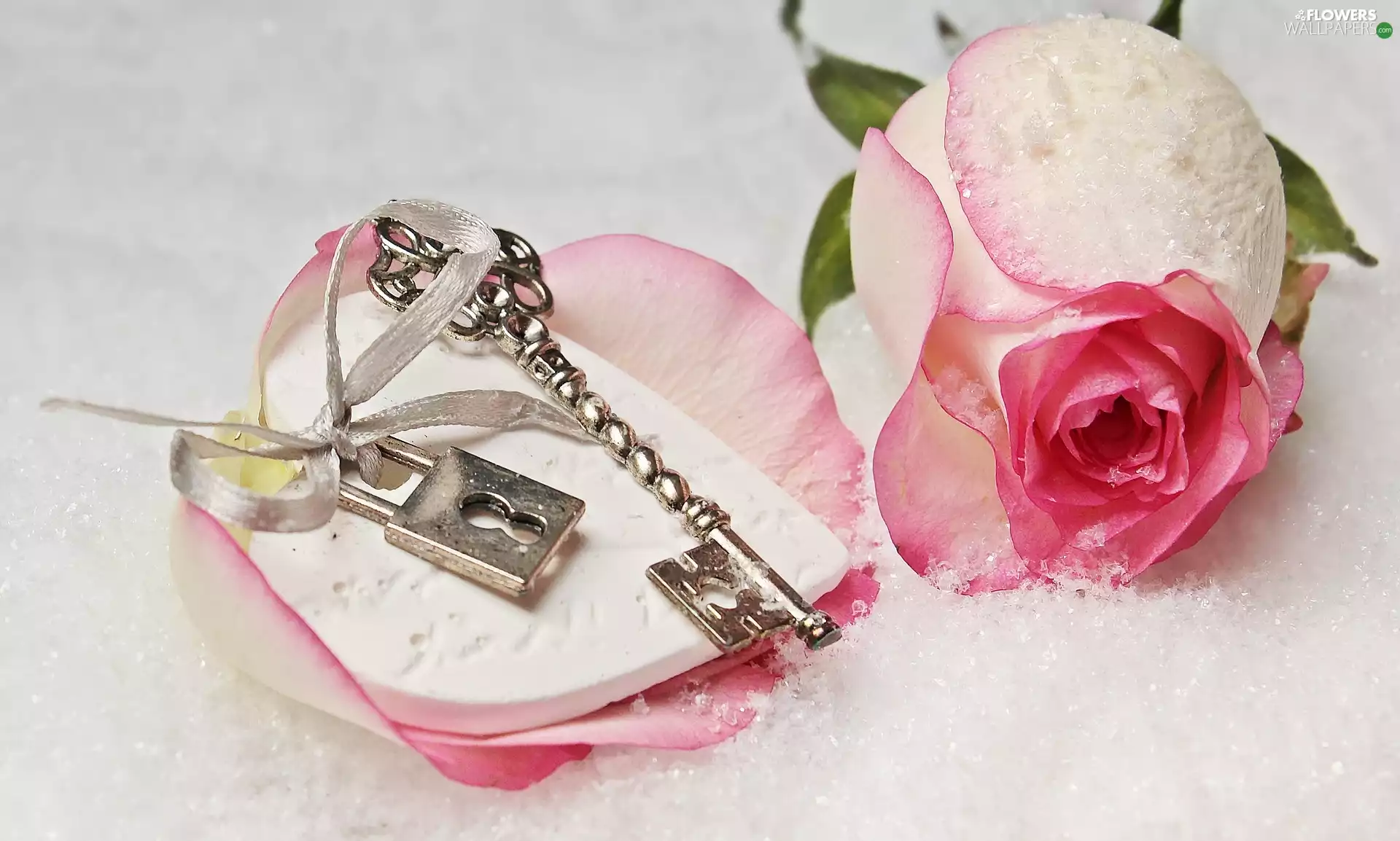 Key, snow, Heart, padlock, rose