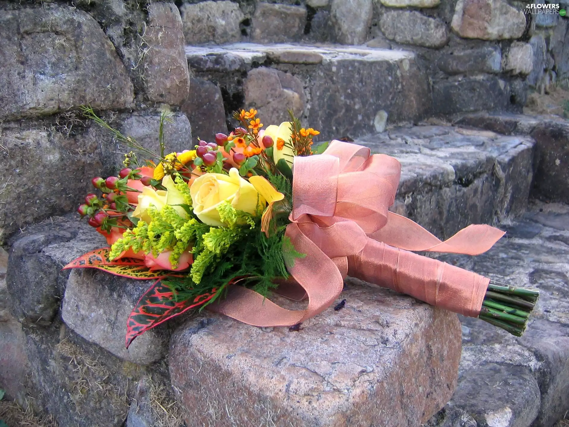 Stones, Stairs, flowers, ribbon, bouquet