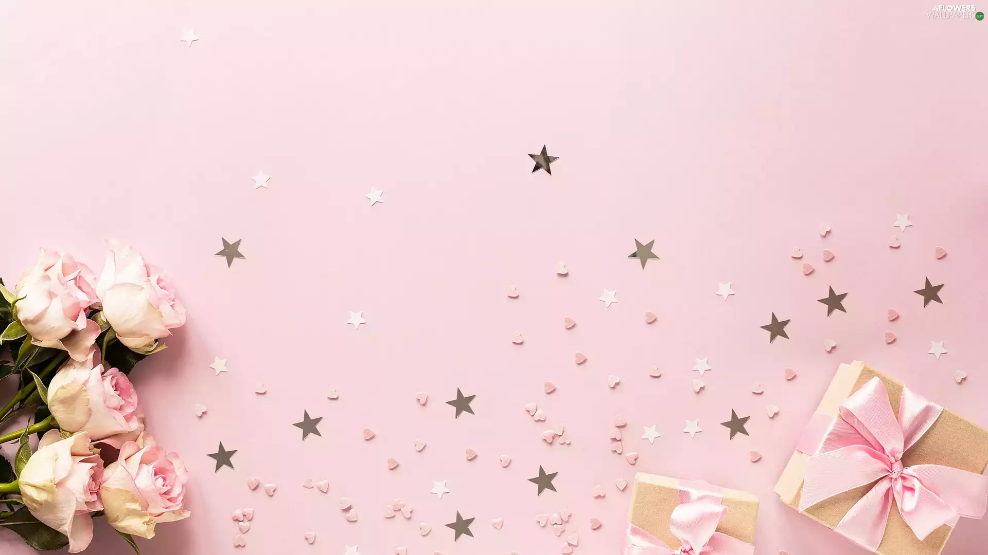 hearts, roses, Pink, Stars, Flowers, gifts, background