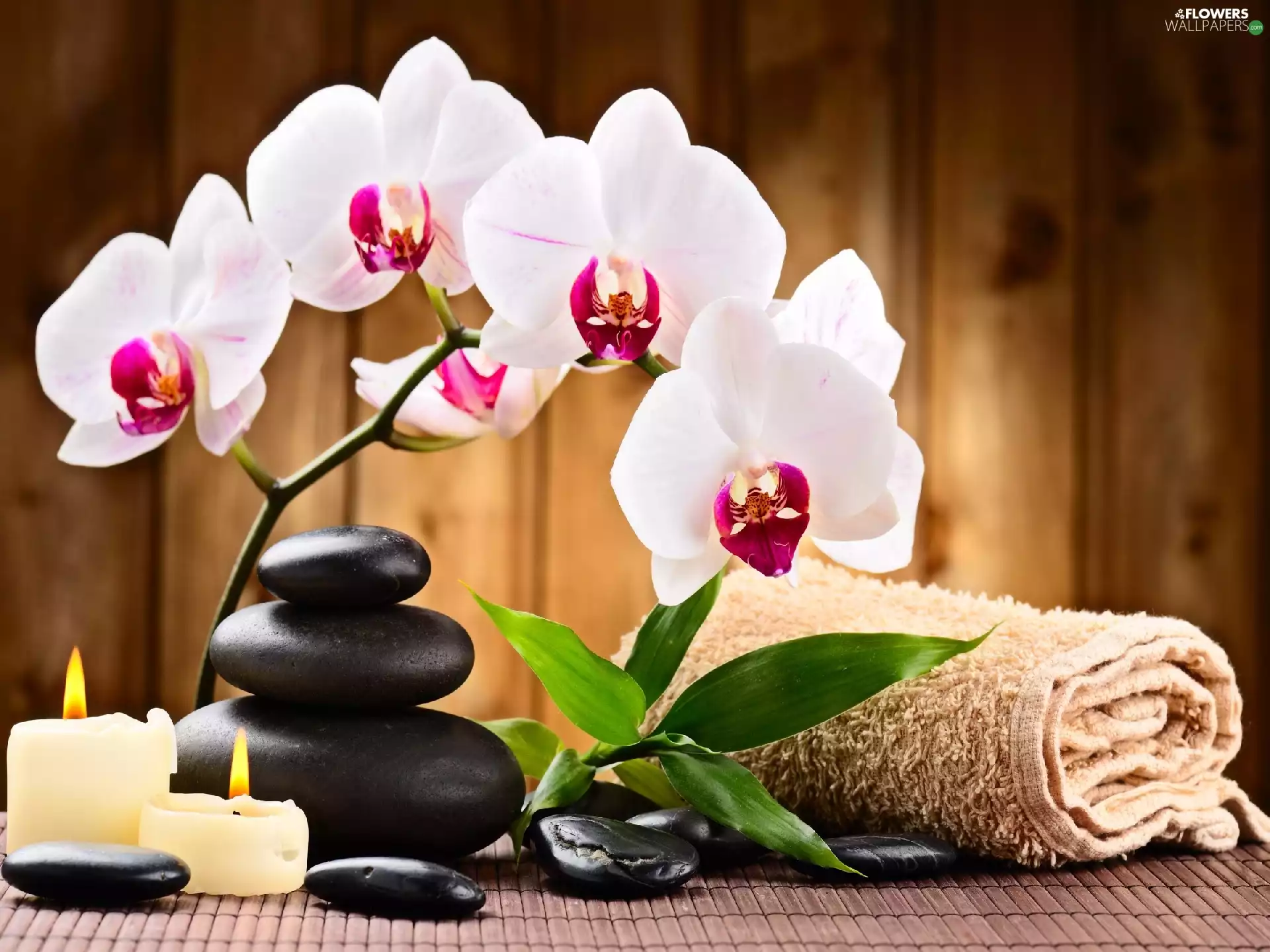 Towel, Stones, Candles, orchid, Spa