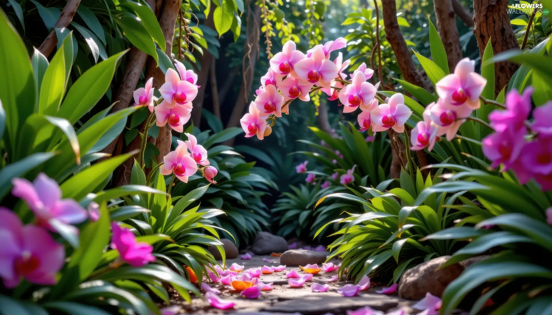 Path, Stones, Pink, orchids, Flowers