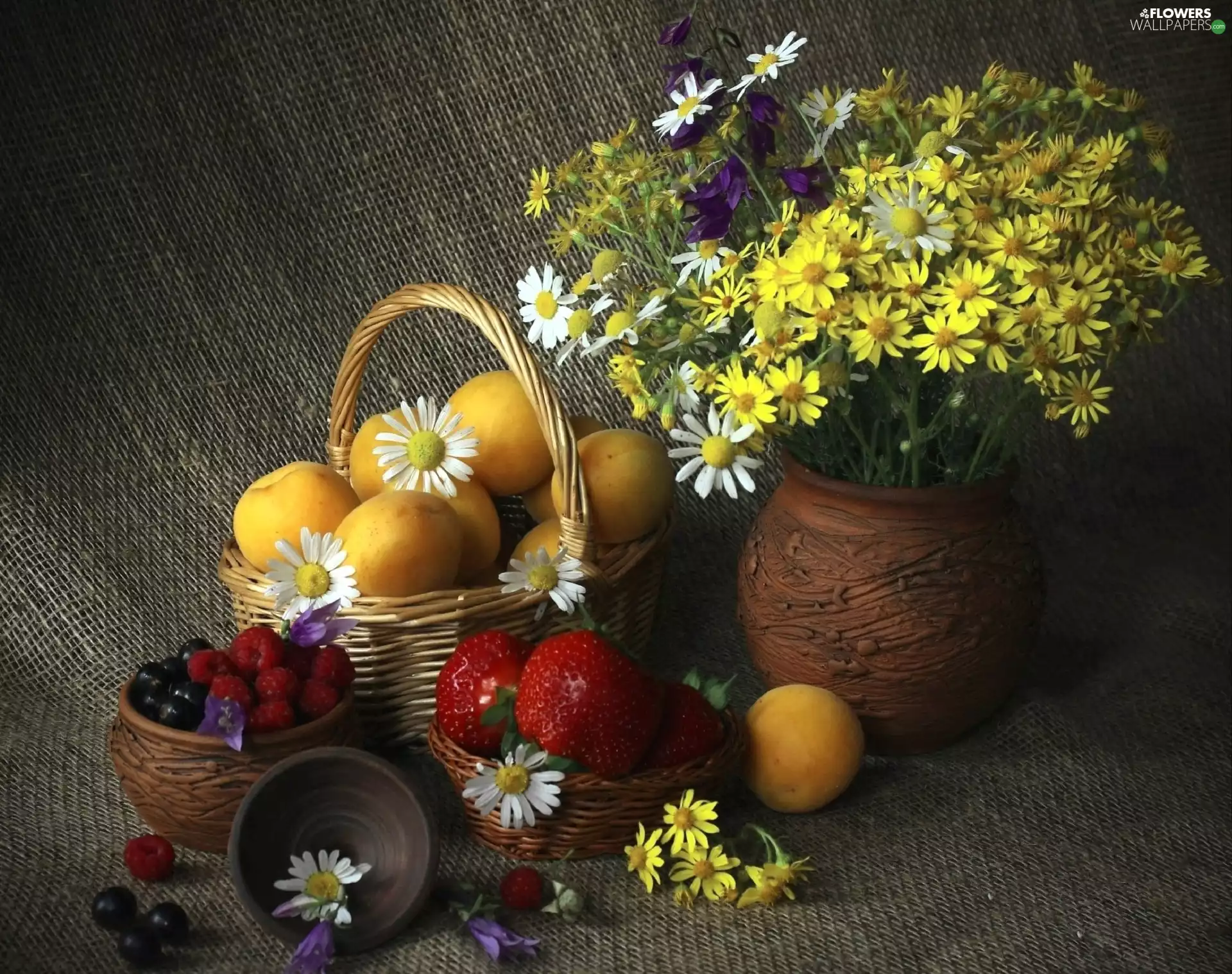 apricots, strawberries, basket, Fruits, Flowers