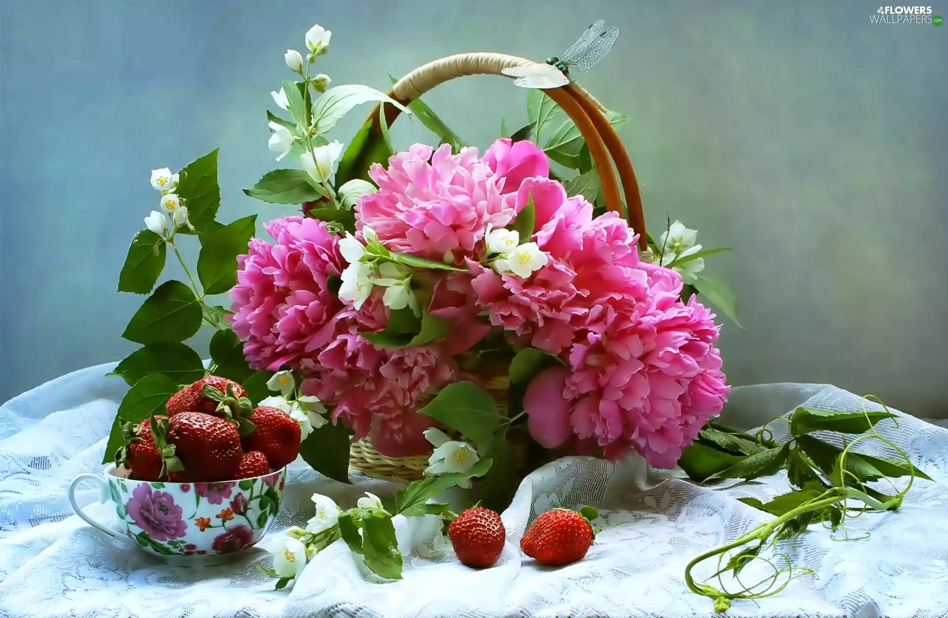 strawberries, Peonies, basket