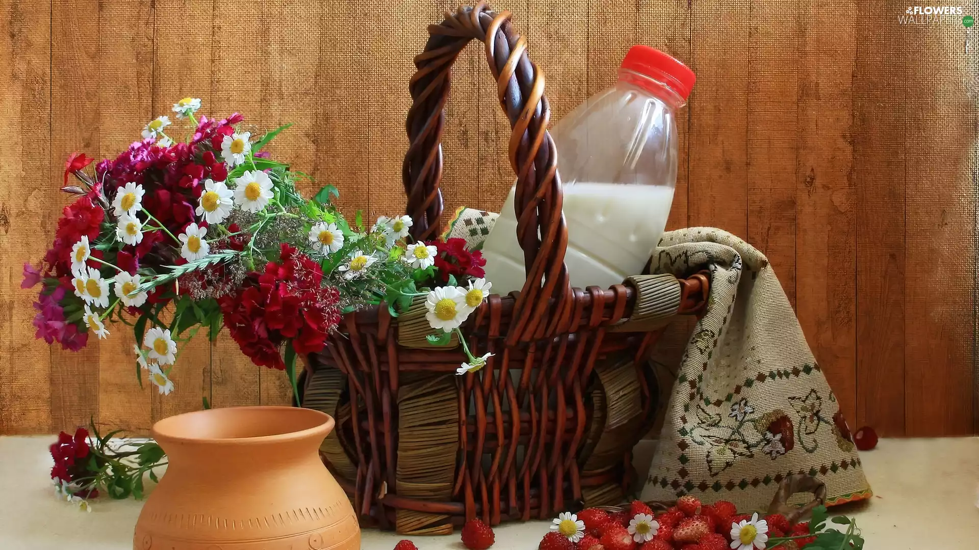 Strawberries, milk, flowers, basket, bouquet