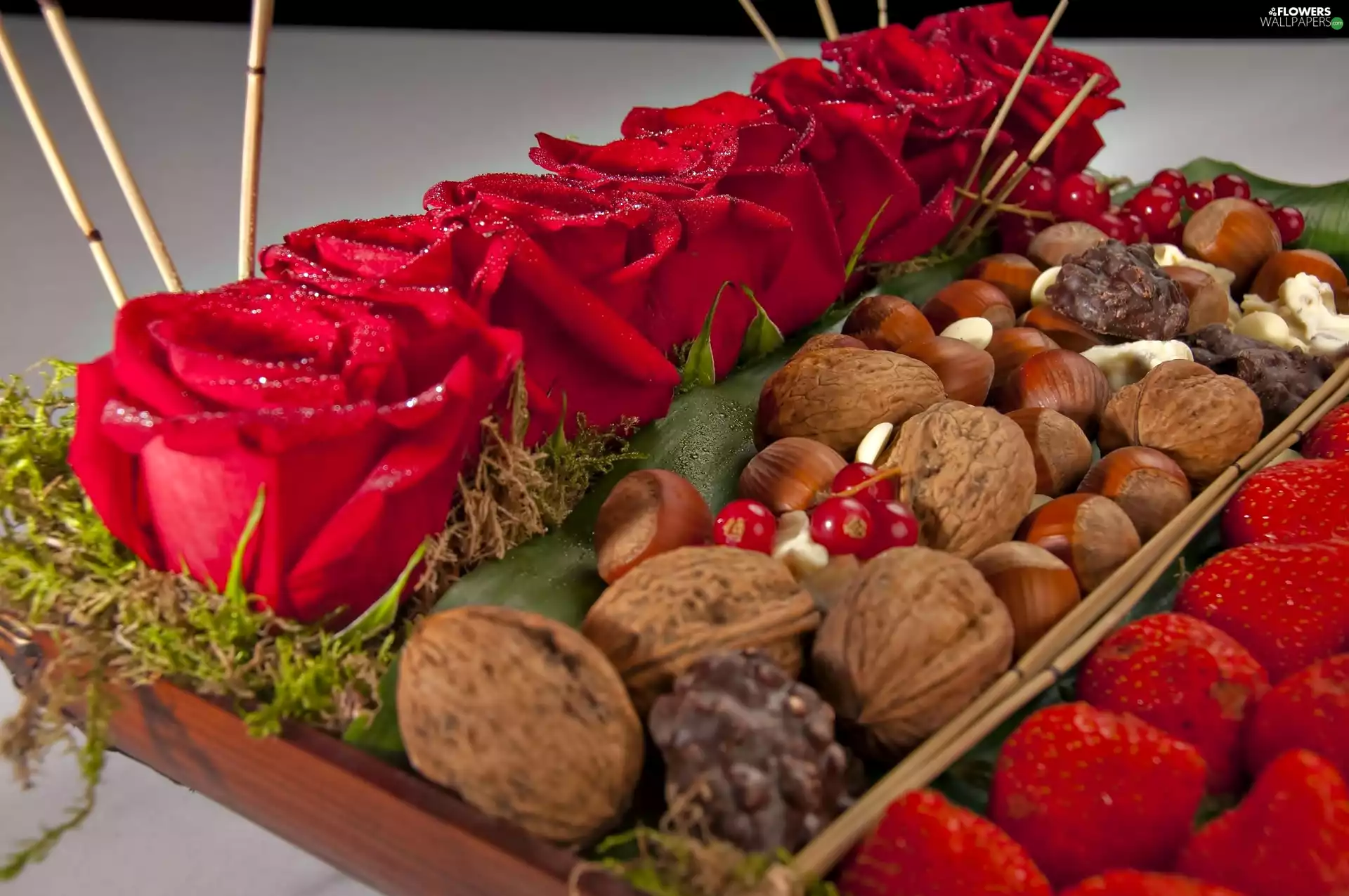 strawberries, roses, nuts