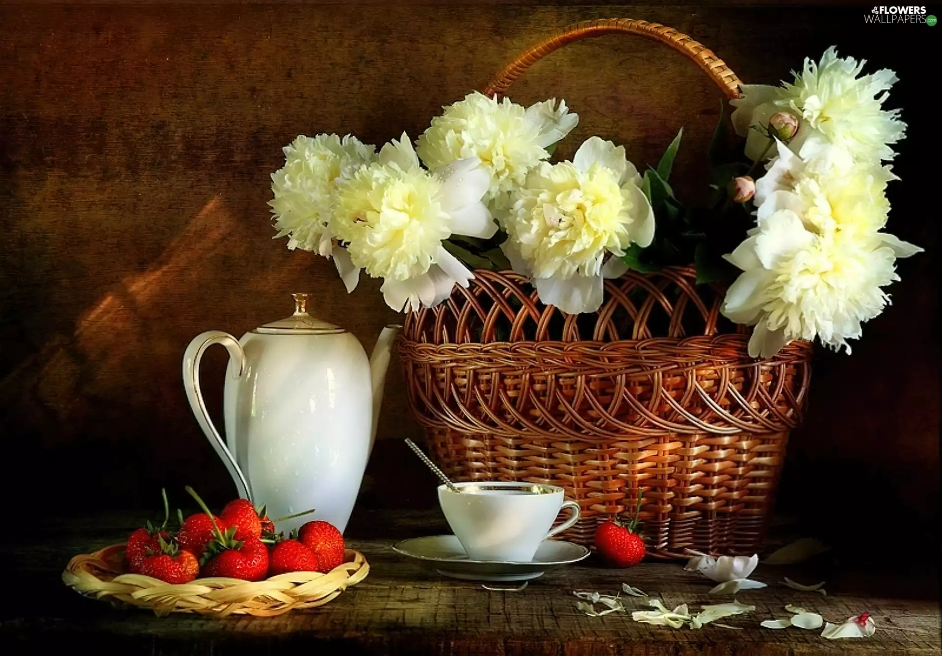 wicker, Peonies, strawberries, basket