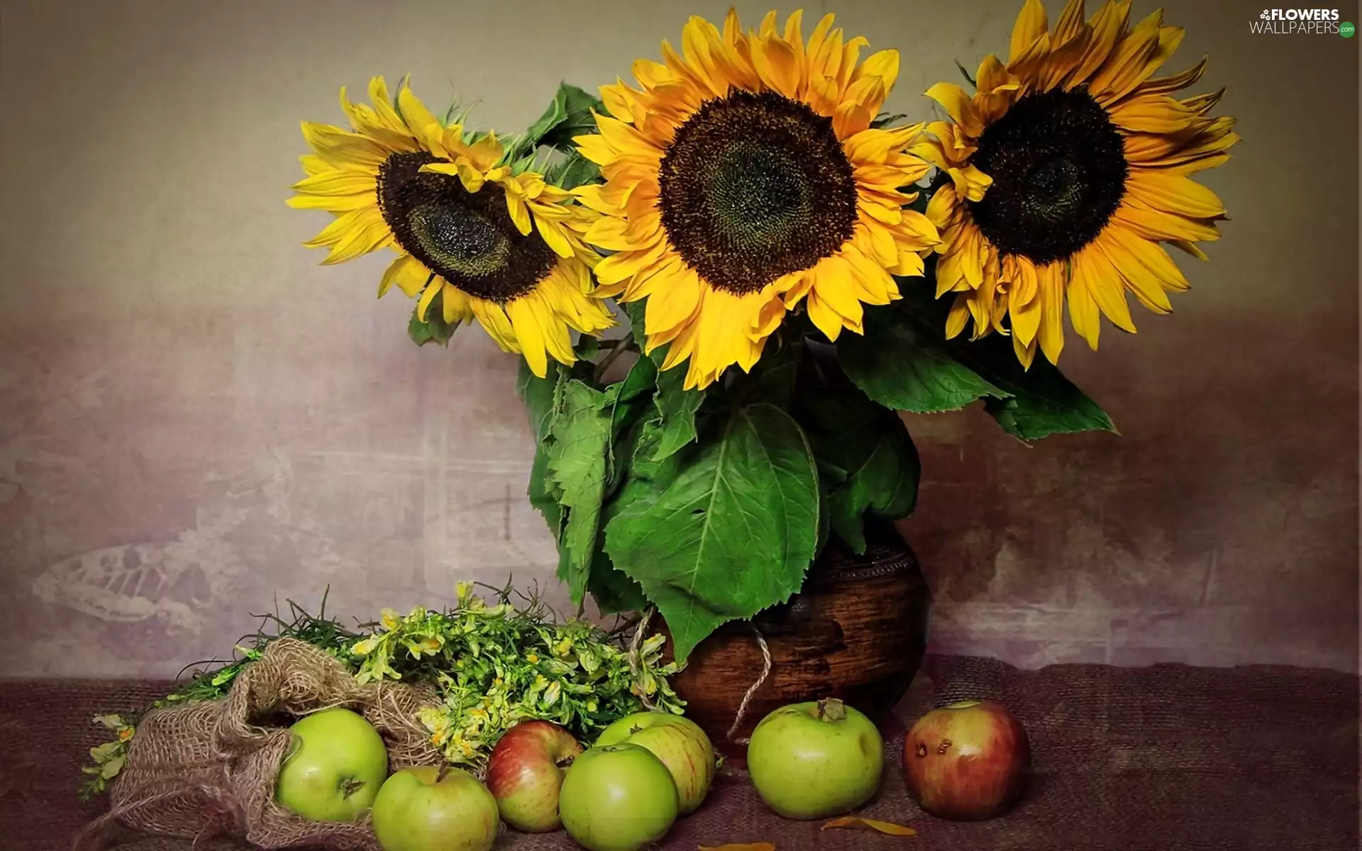 apples, composition, Nice sunflowers