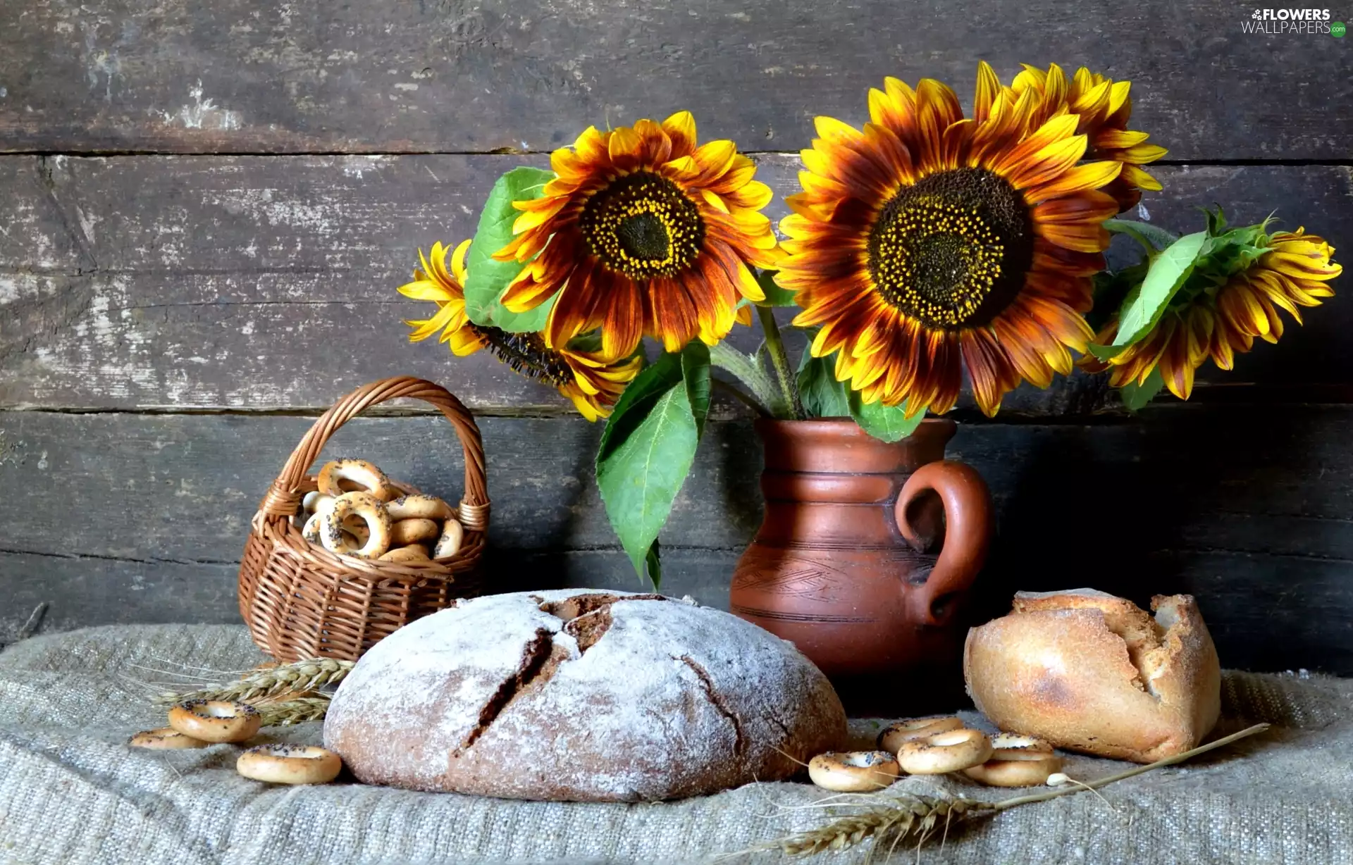 bread, pretzels, decorative Sunflowers, Vase, composition