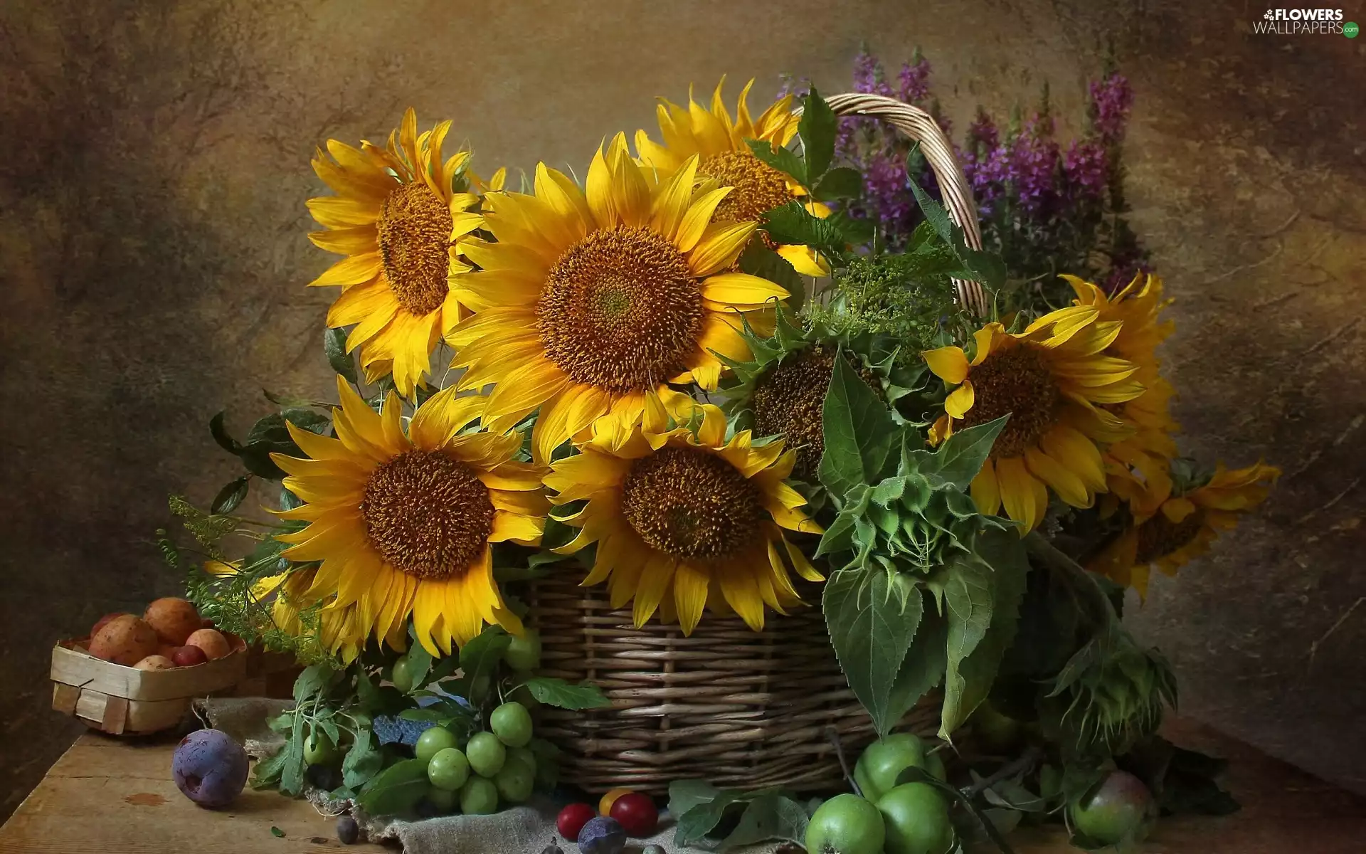 apples, plums, Nice sunflowers, basket, composition