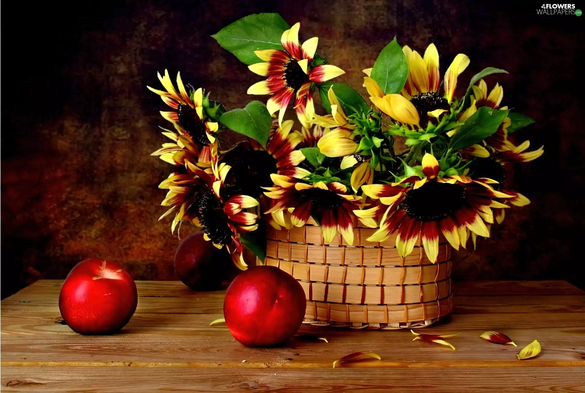 nectarines, basket, Nice sunflowers