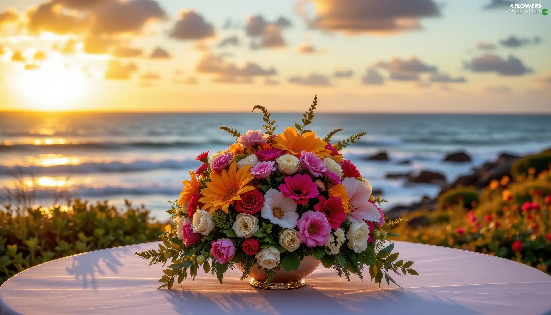 Vase, color, sea, Flowers, bouquet, Table, Great Sunsets