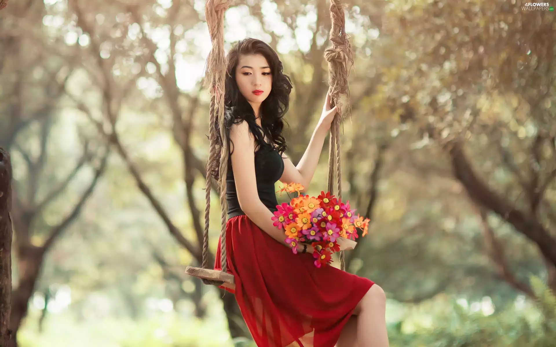 brunette, bouquet, flowers, Swing