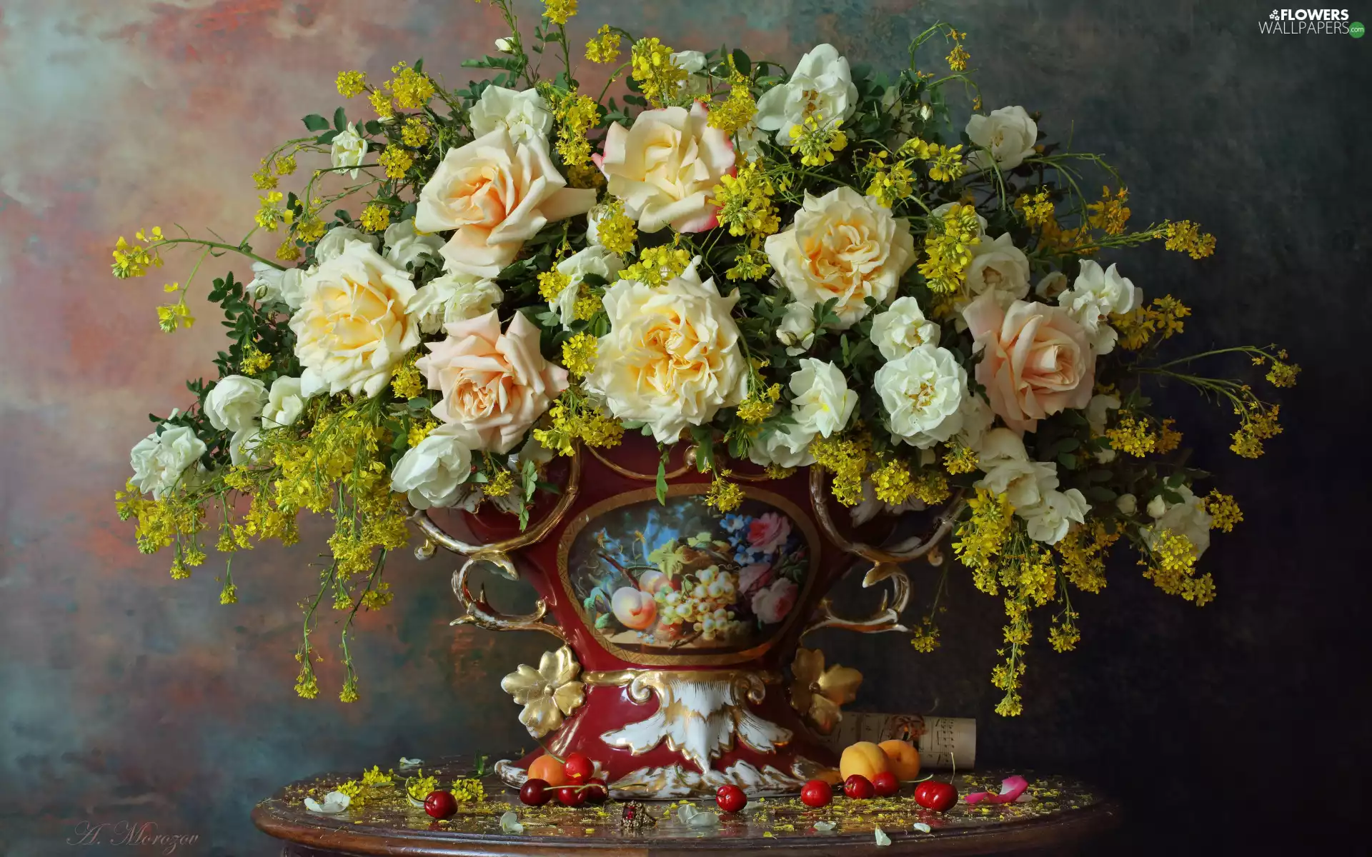 roses, Flowers, Fruits, Table, vase, bouquet
