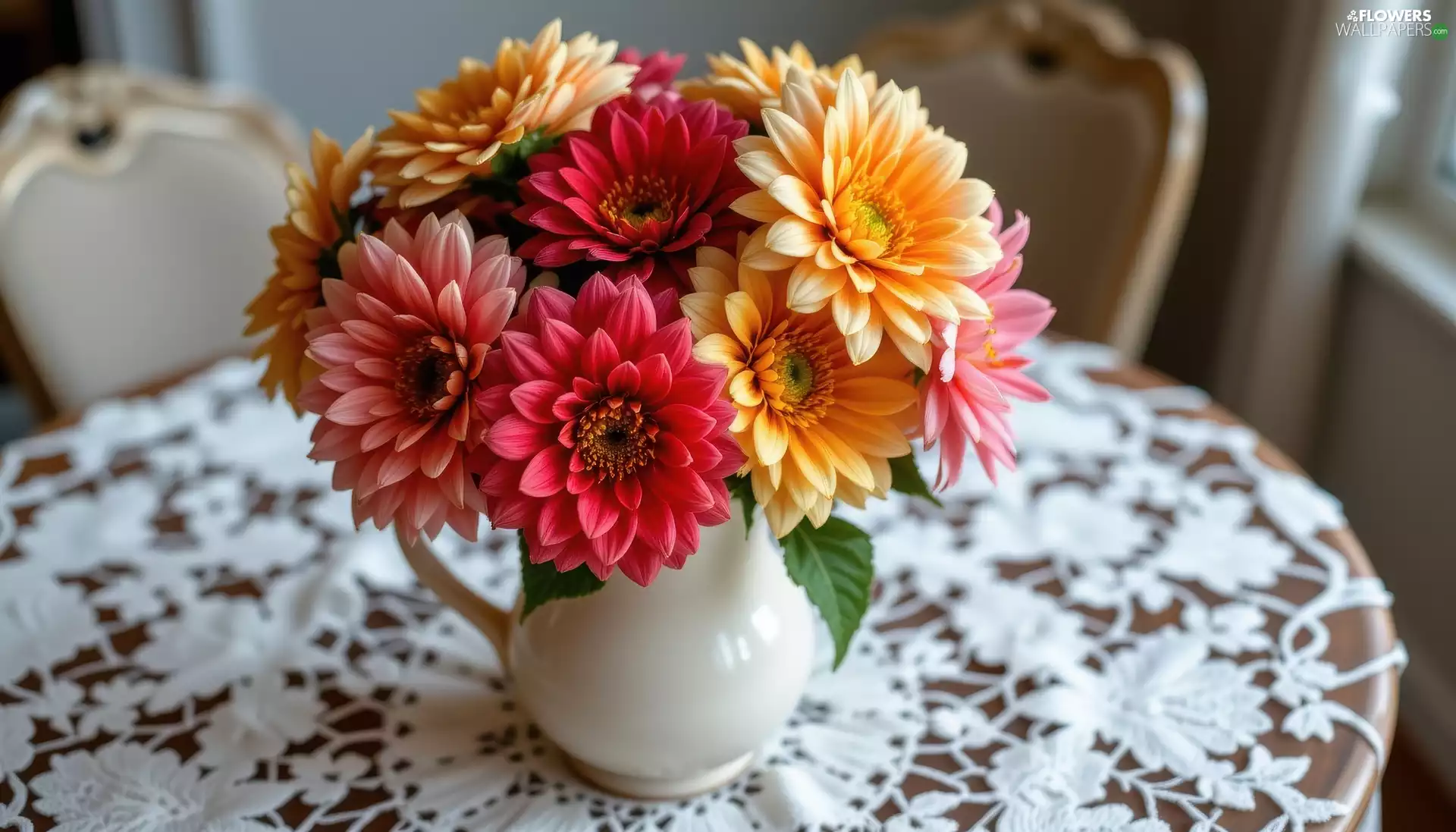 Flowers, White, cloth, jug, lacy, color, bouquet, Table