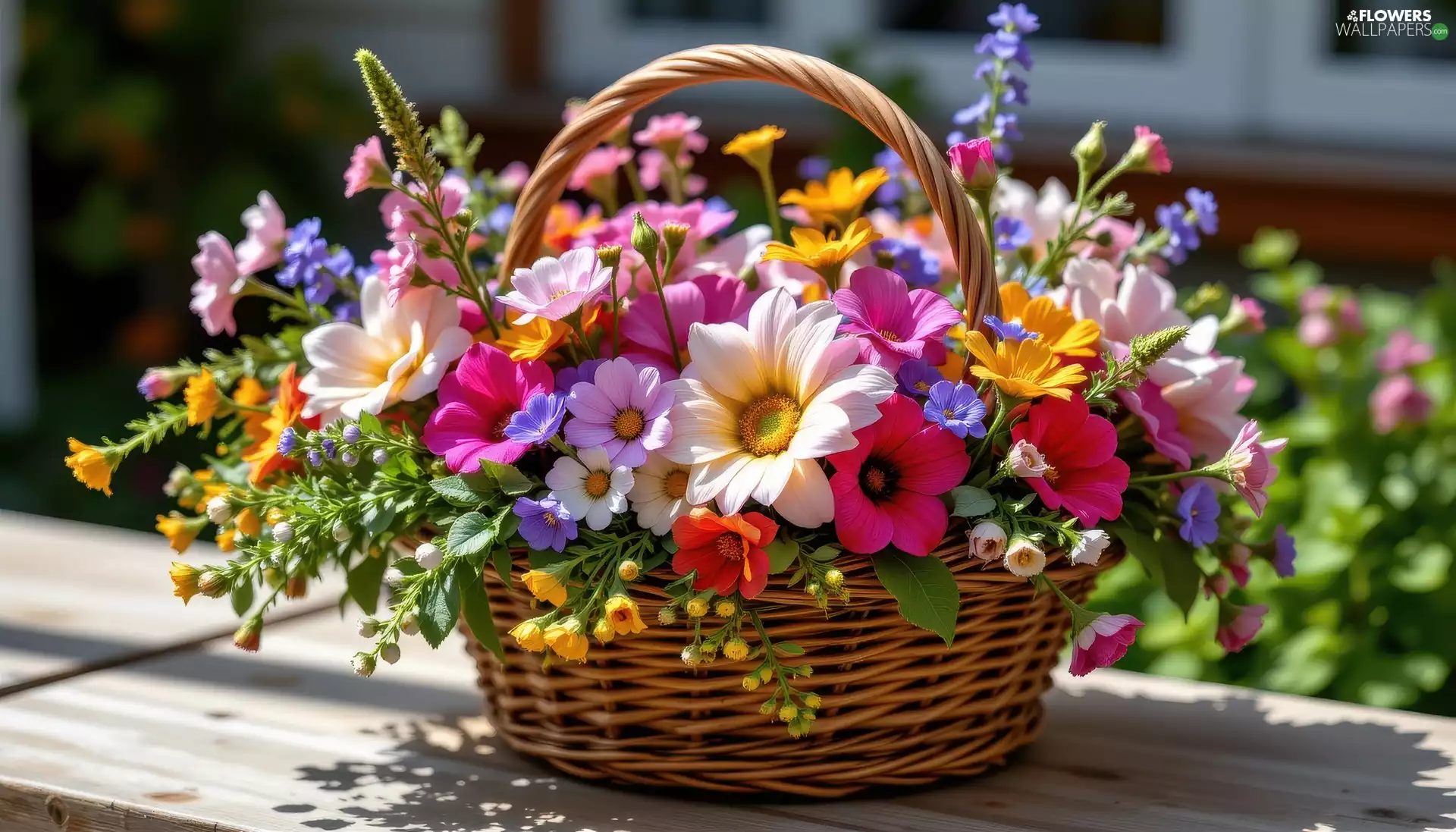 basket, Table, color, bouquet, Flowers