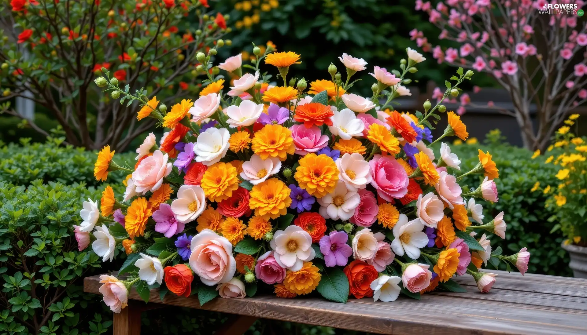Peonies, Table, Flowers, Tagetes, bouquet