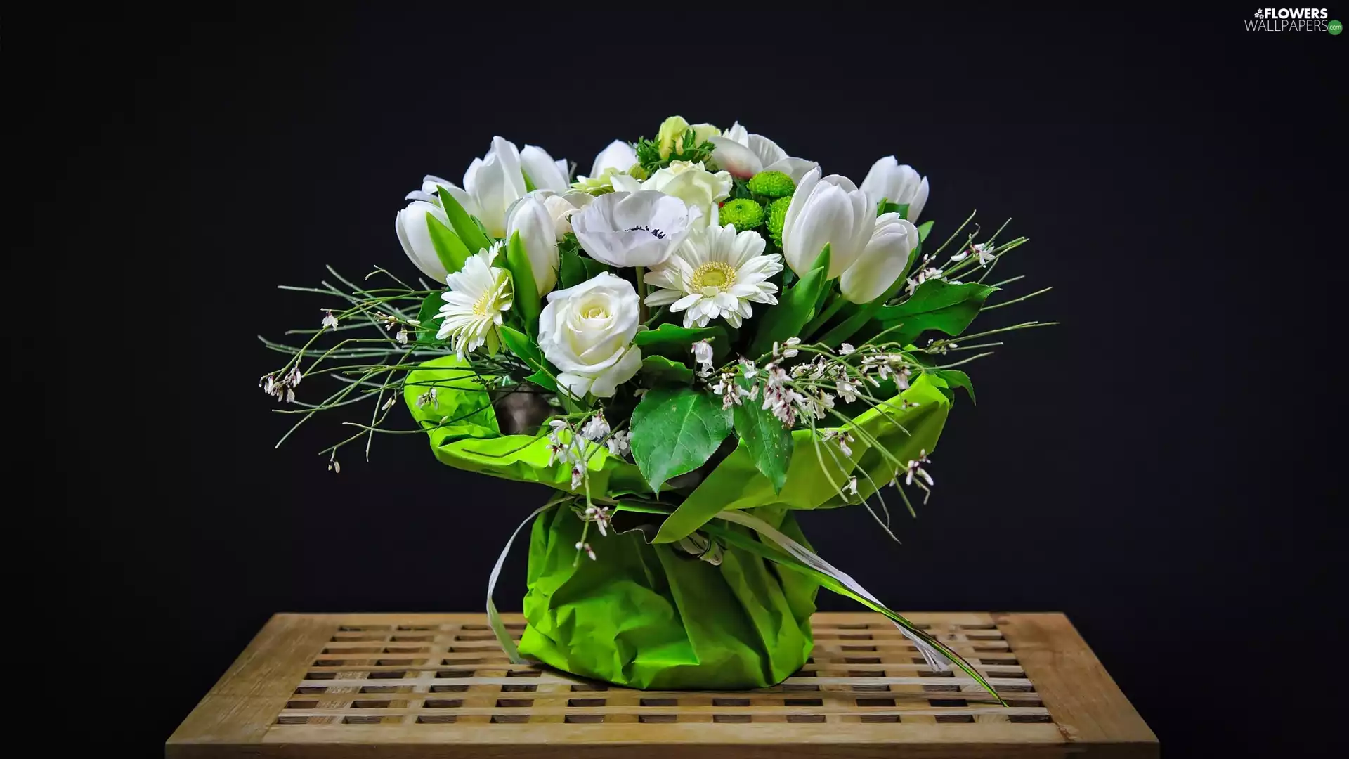 Bouquet of Flowers, table, roses, gerberas, Tulips