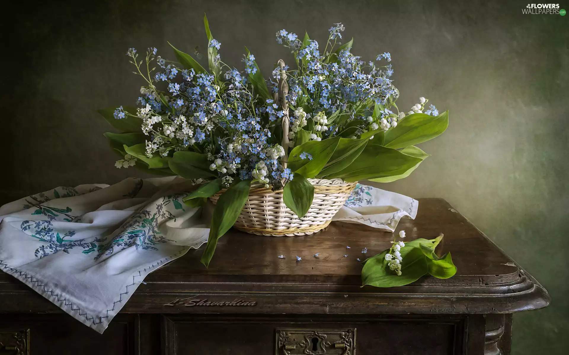 lilies, Flowers, tablecloth, table, basket, Forget