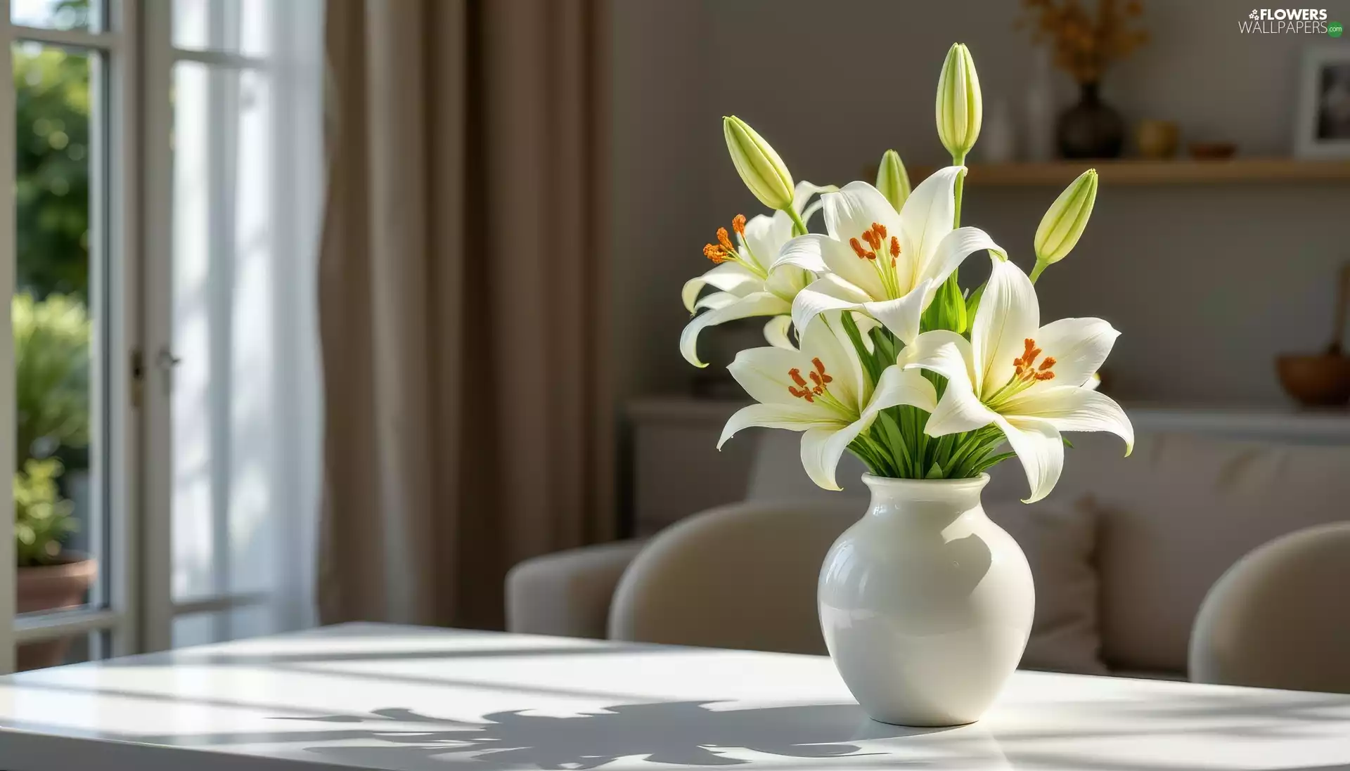 Vase, Table, lilies, White, White