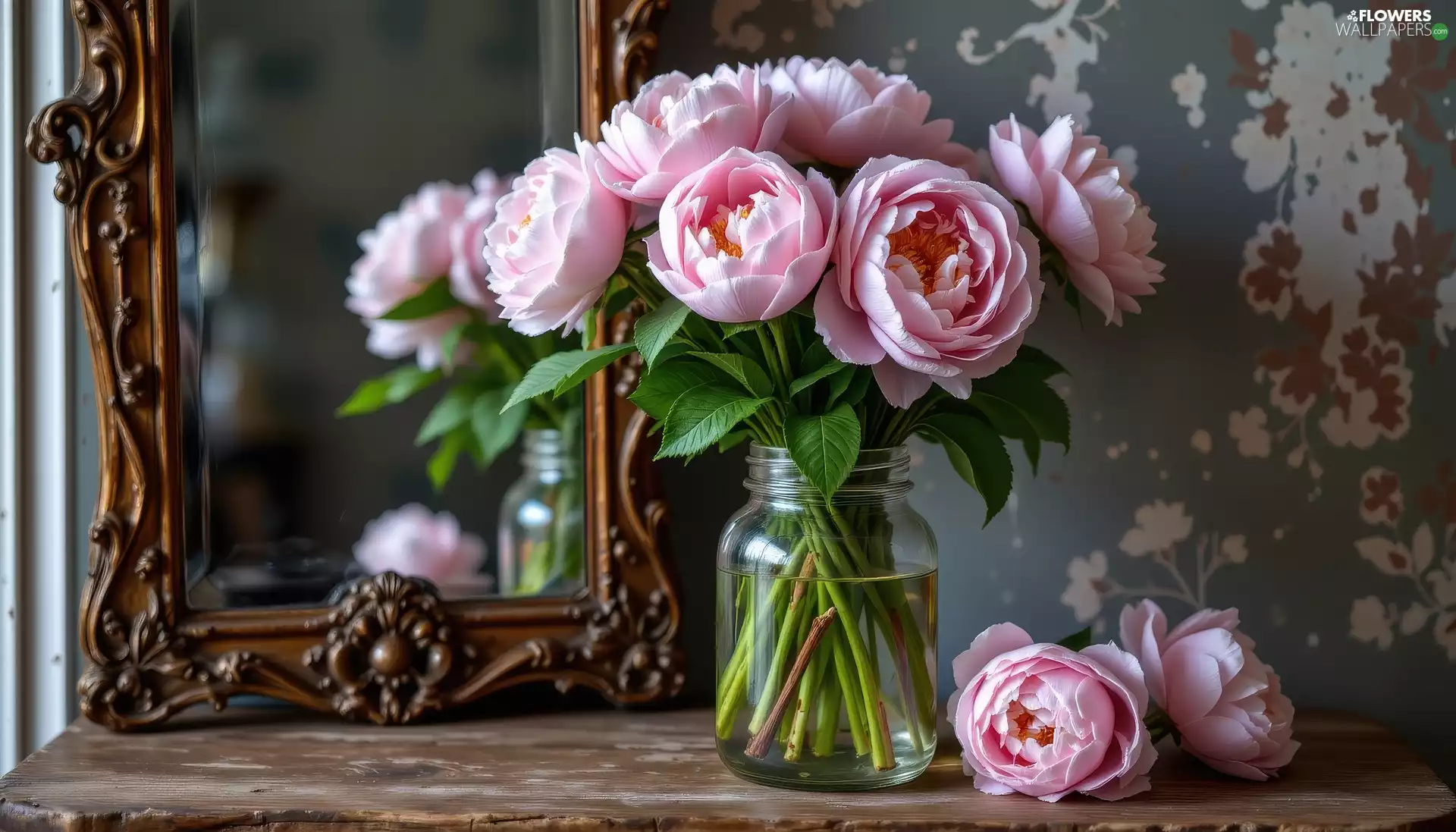 Mirror, Table, Pink, Peonies, Flowers